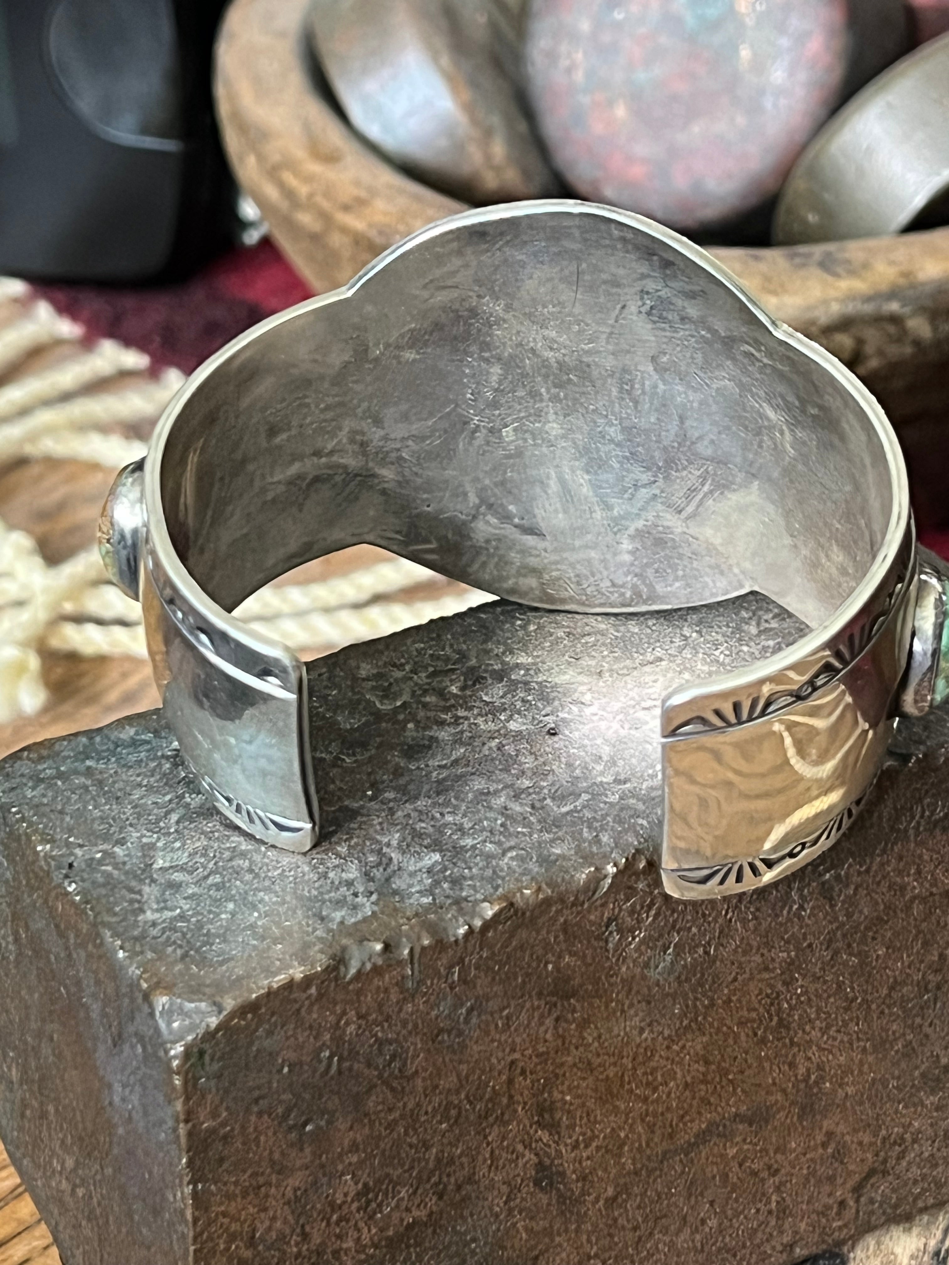 Handcrafted Old Pawn Sterling Silver and Royston Turquoise Overlay Bear Paw Cuff Bracelet by Charlie Bowie /