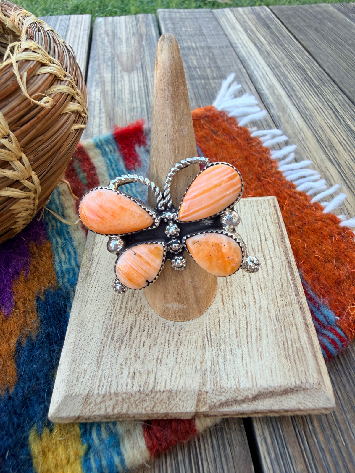 Handcrafted Spiny Oyster & Sterling Silver Butterfly Ring Size 9