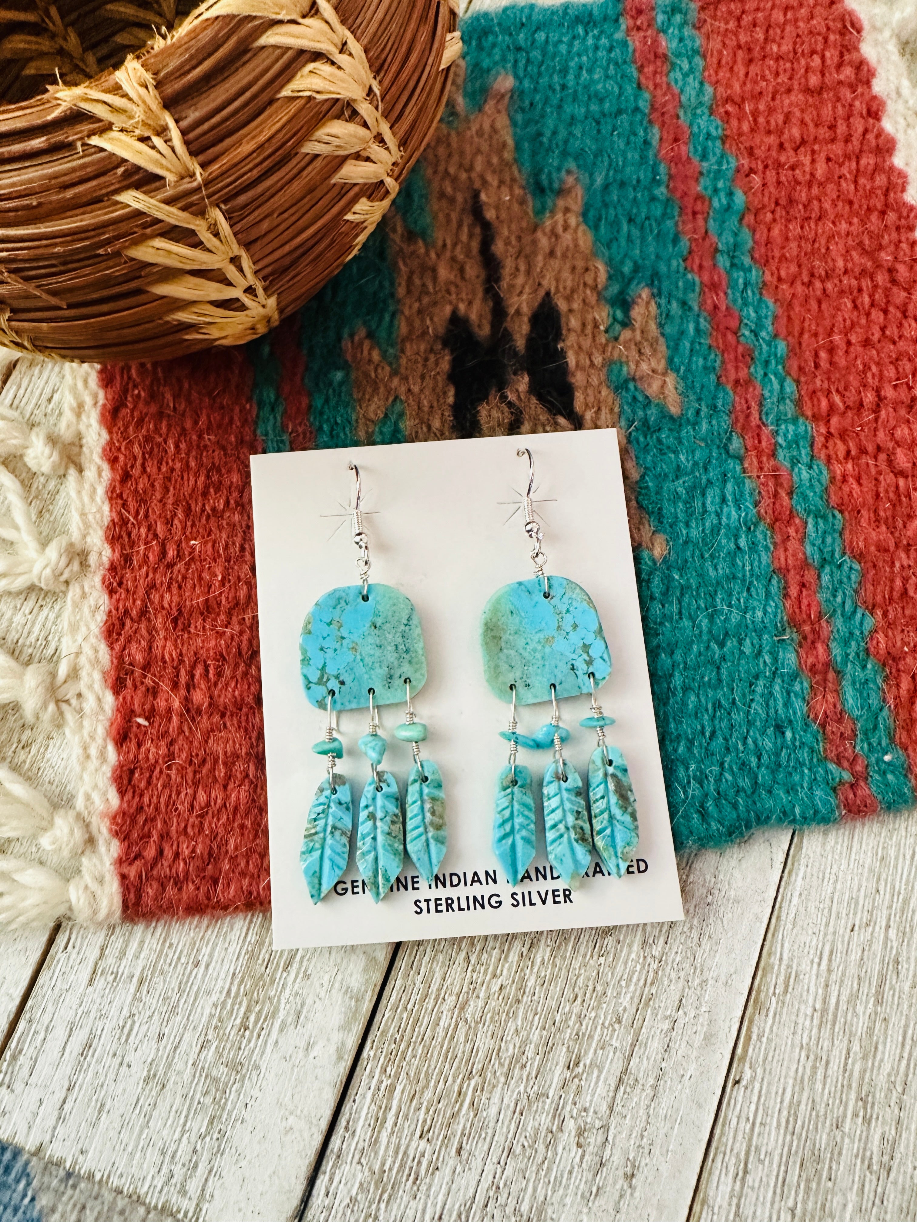 Handcrafted Turquoise & Sterling Silver Slab Dreamcatcher Dangle Earrings