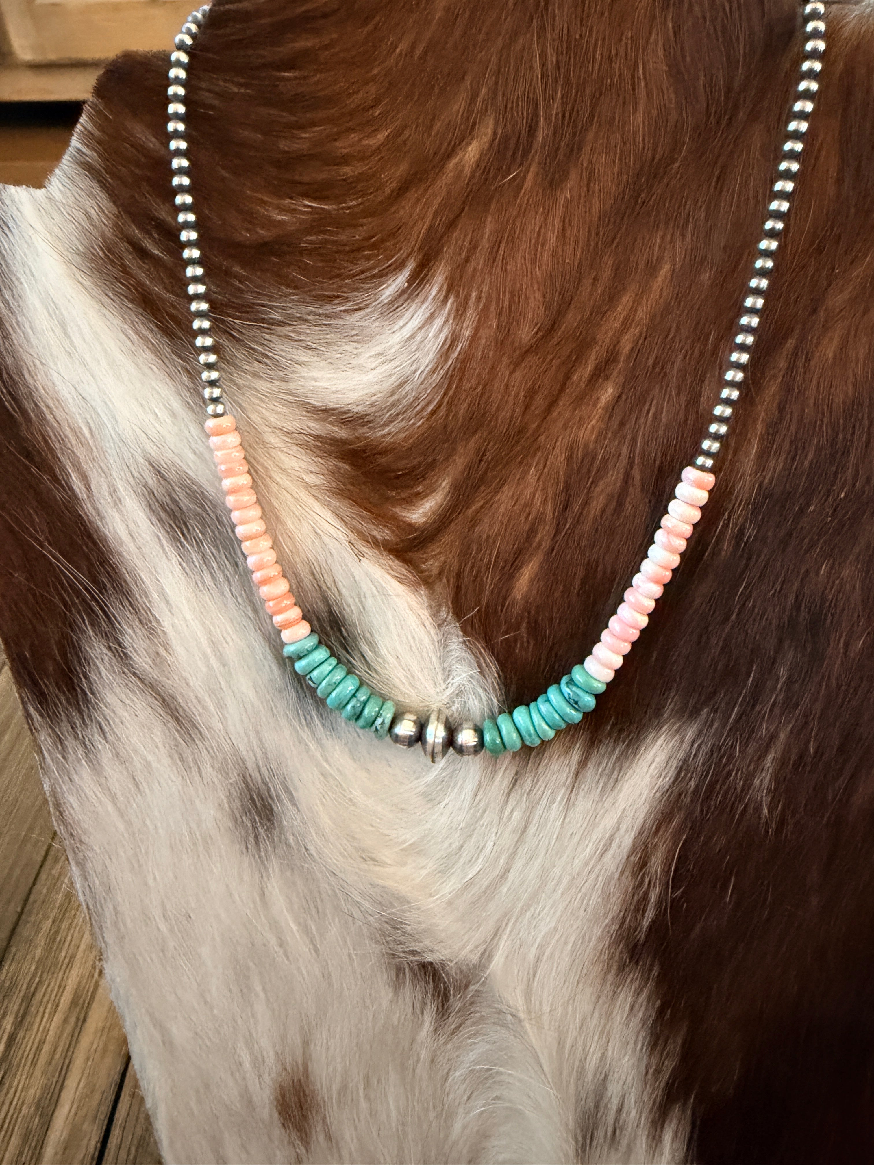 Handcrafted Turquoise, Queen Pink Conch and Sterling Silver Pearl Beaded Necklace
