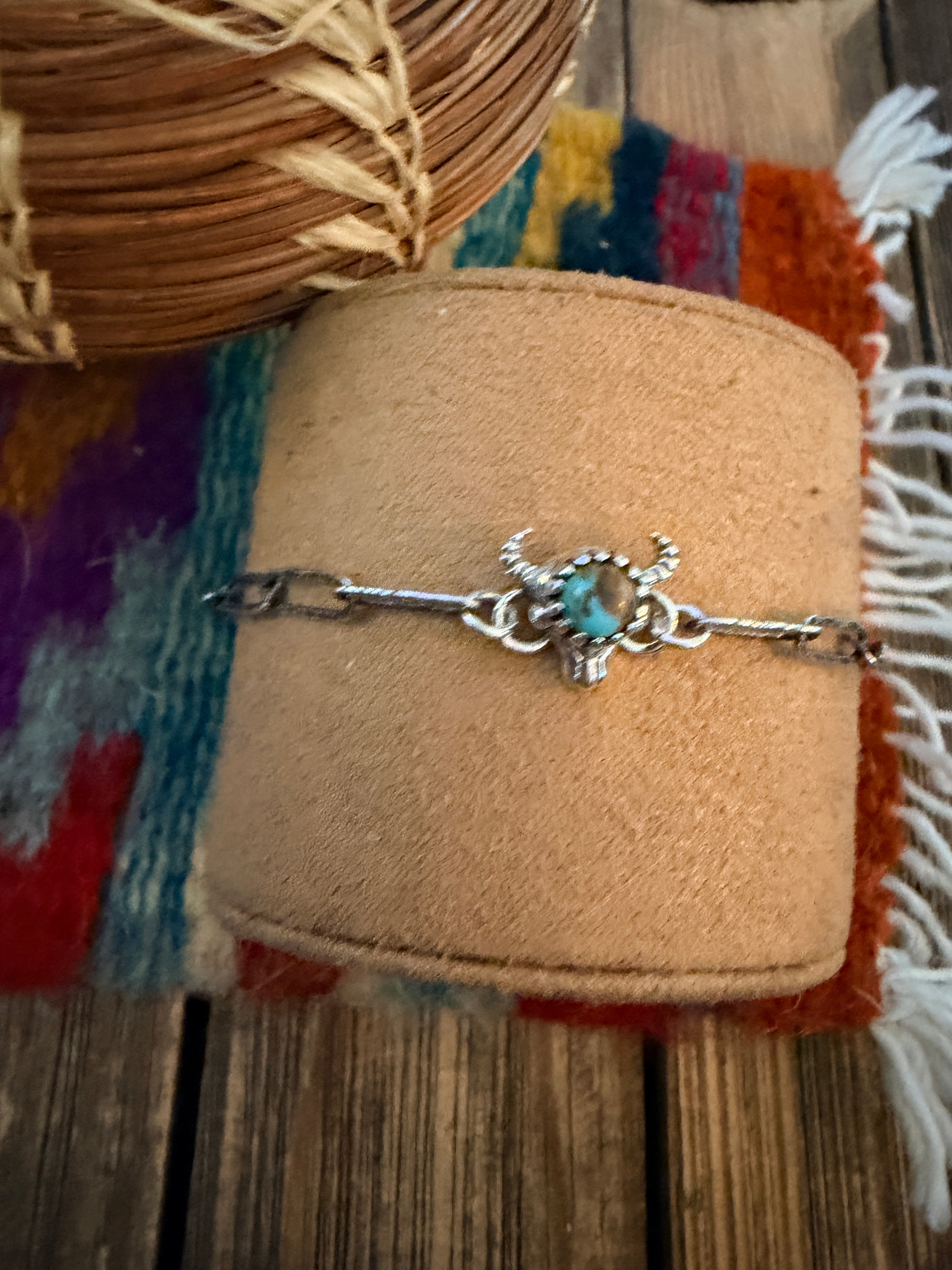 Handmade Sterling Silver and Turquoise Bullhead Link Bracelet