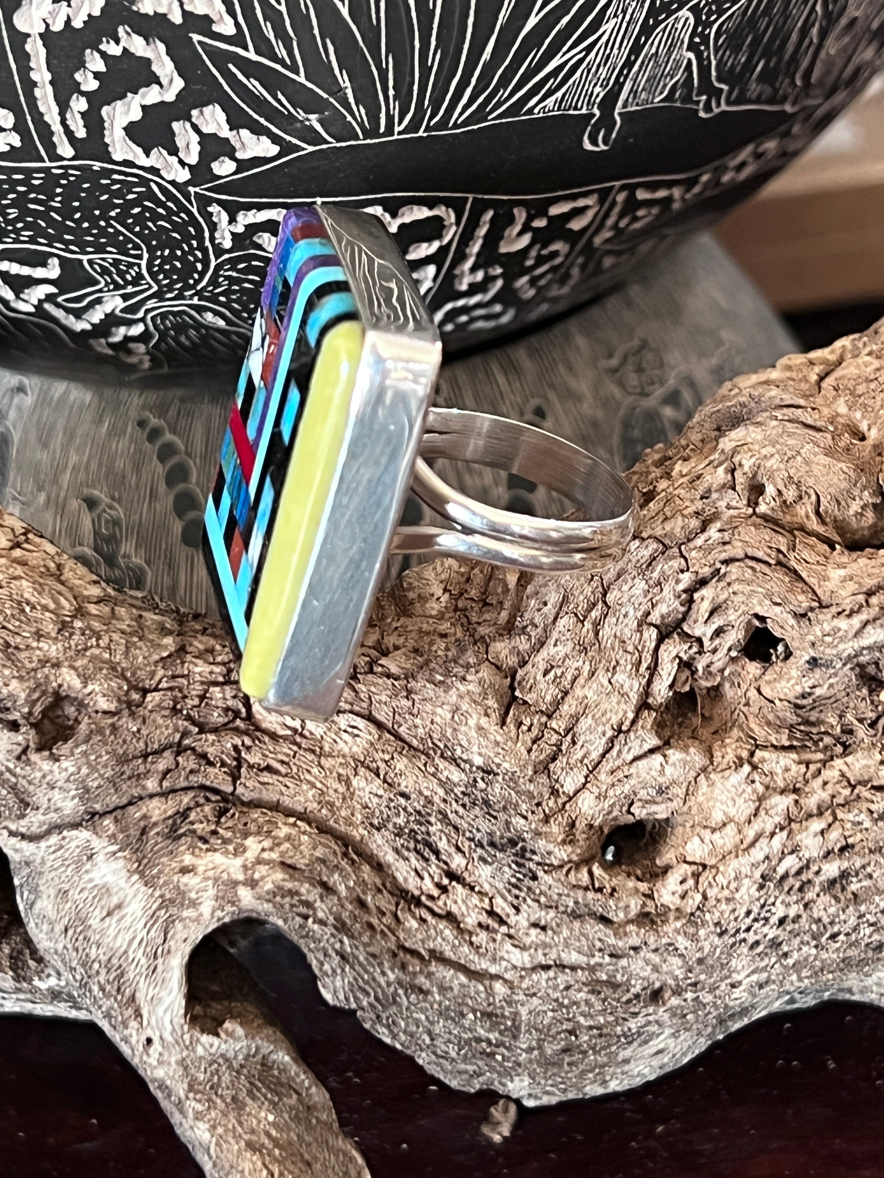 Ronald Chavez Sterling Silver Square Mosaic Multistone Ring, Size 9