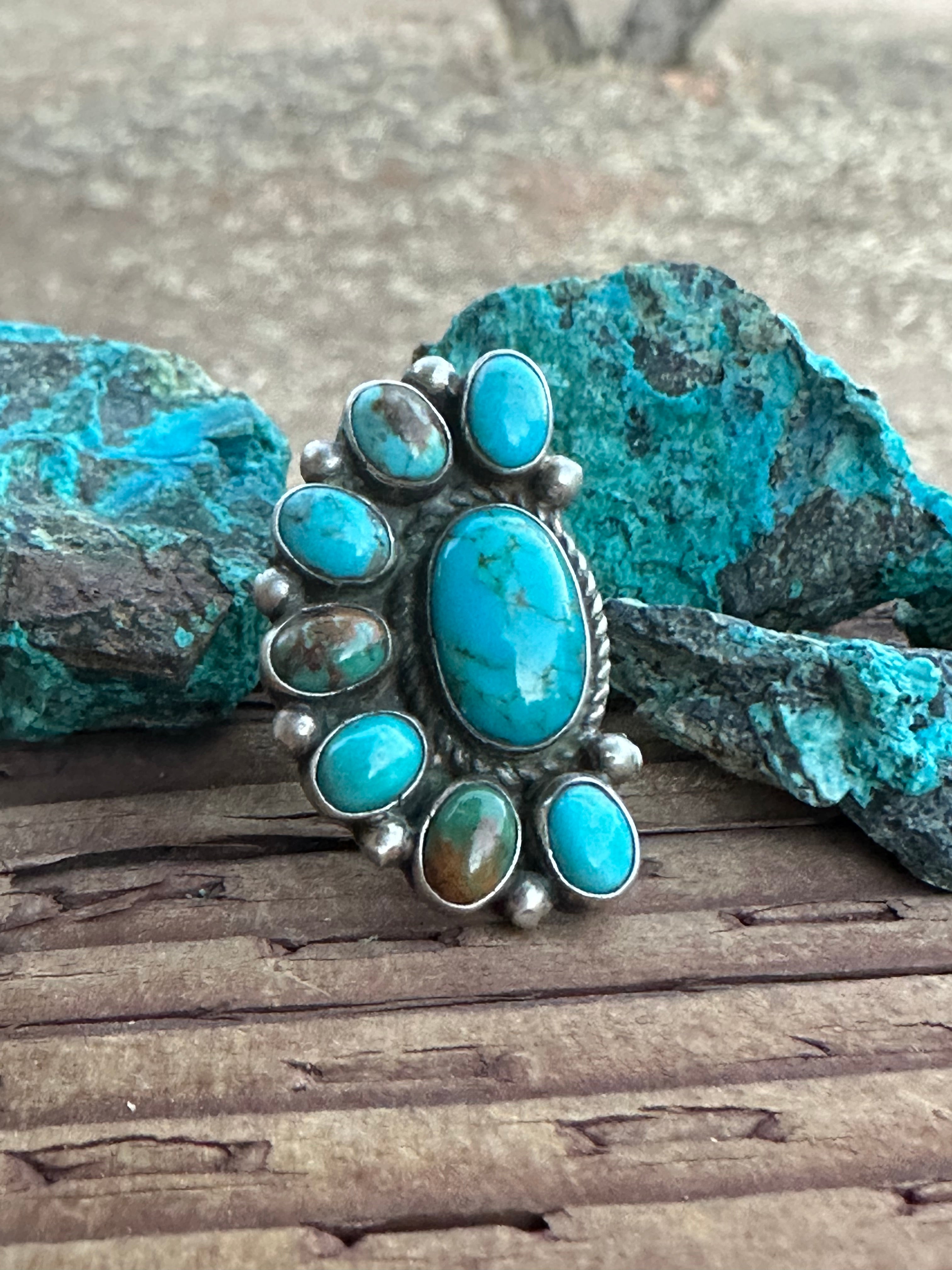 Navajo Kingman Turquoise & Sterling Silver Crescent Adjustable Ring