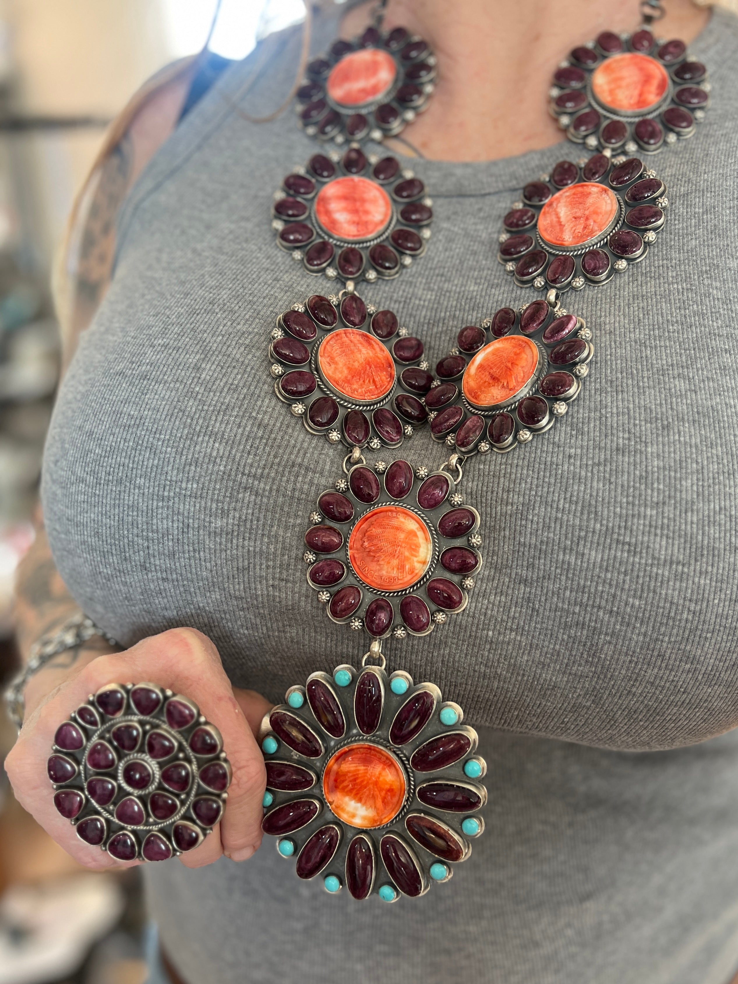 Handcrafted Stunning Sterling Silver, Carved Spiny Oyster and Turquoise Necklace by Gilbert Platero