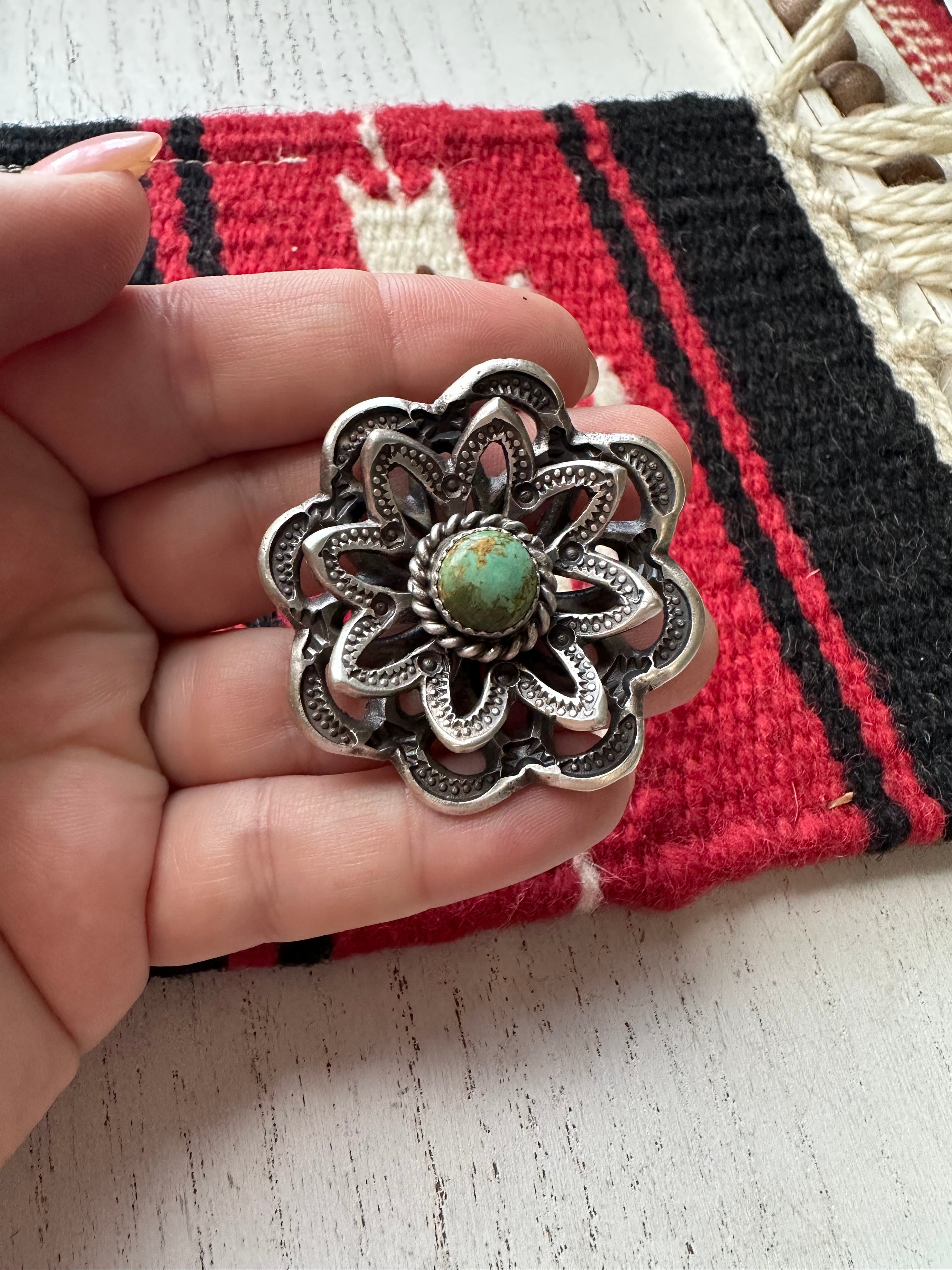 Gorgeous Navajo Turquoise And Sterling Silver Adjustable Flower Ring Signed K Billah