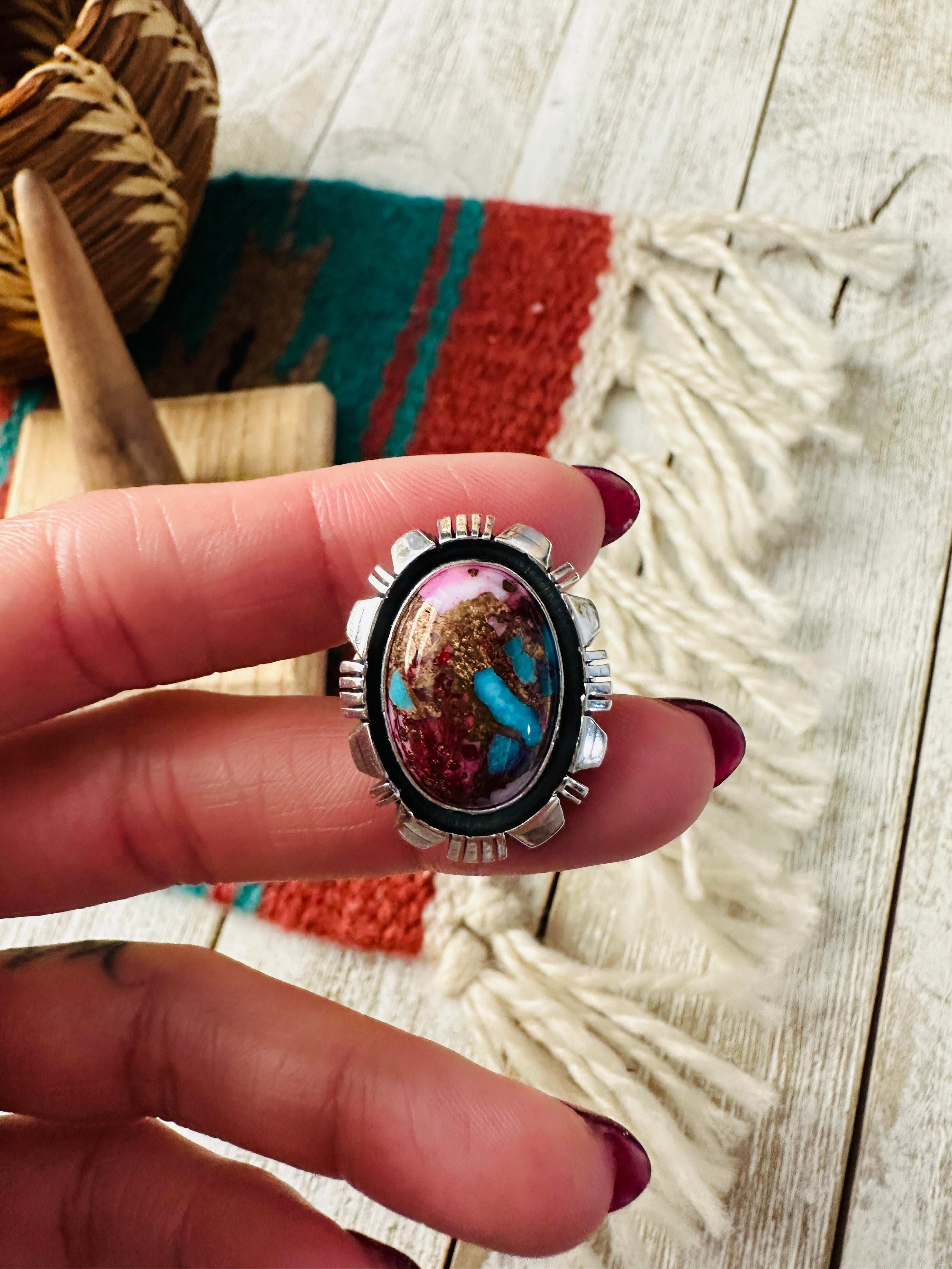 Navajo Sterling Silver & Pink Dream Mojave Adjustable Ring