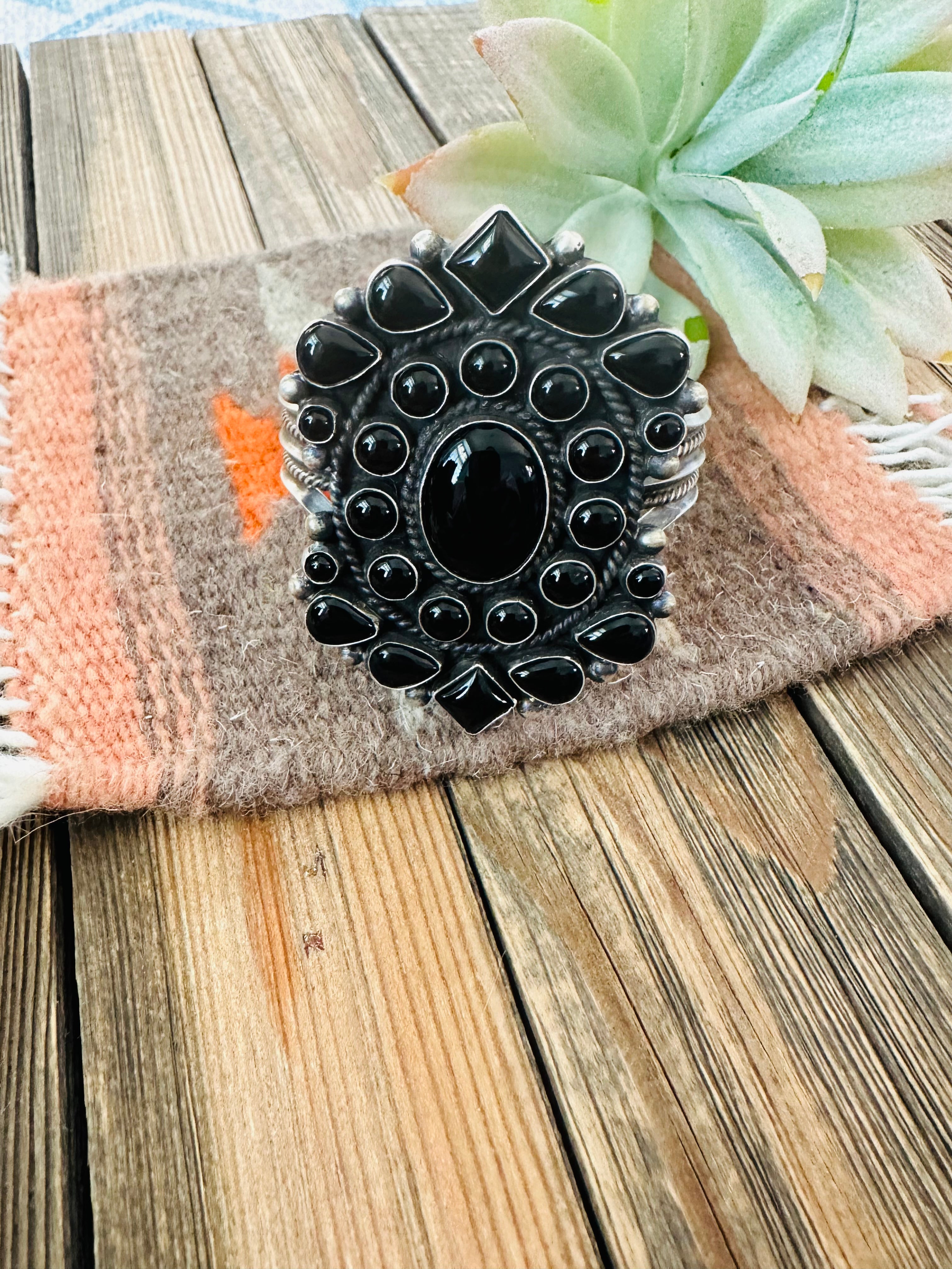 Navajo Black Onyx & Sterling Silver Cluster Cuff Bracelet