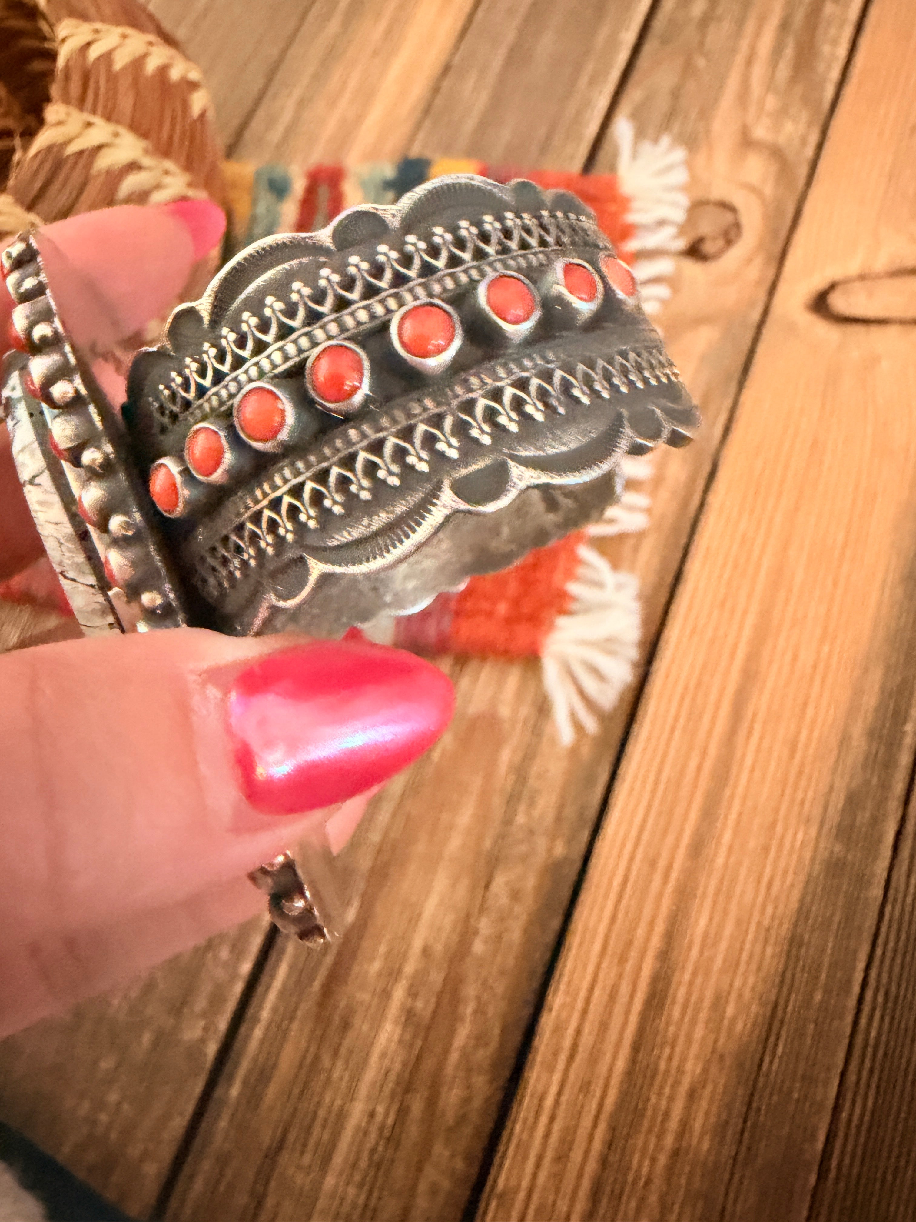 Handcrafted Sterling Silver, White Buffalo & Coral Cuff Bracelet by Shawn Cayatineto