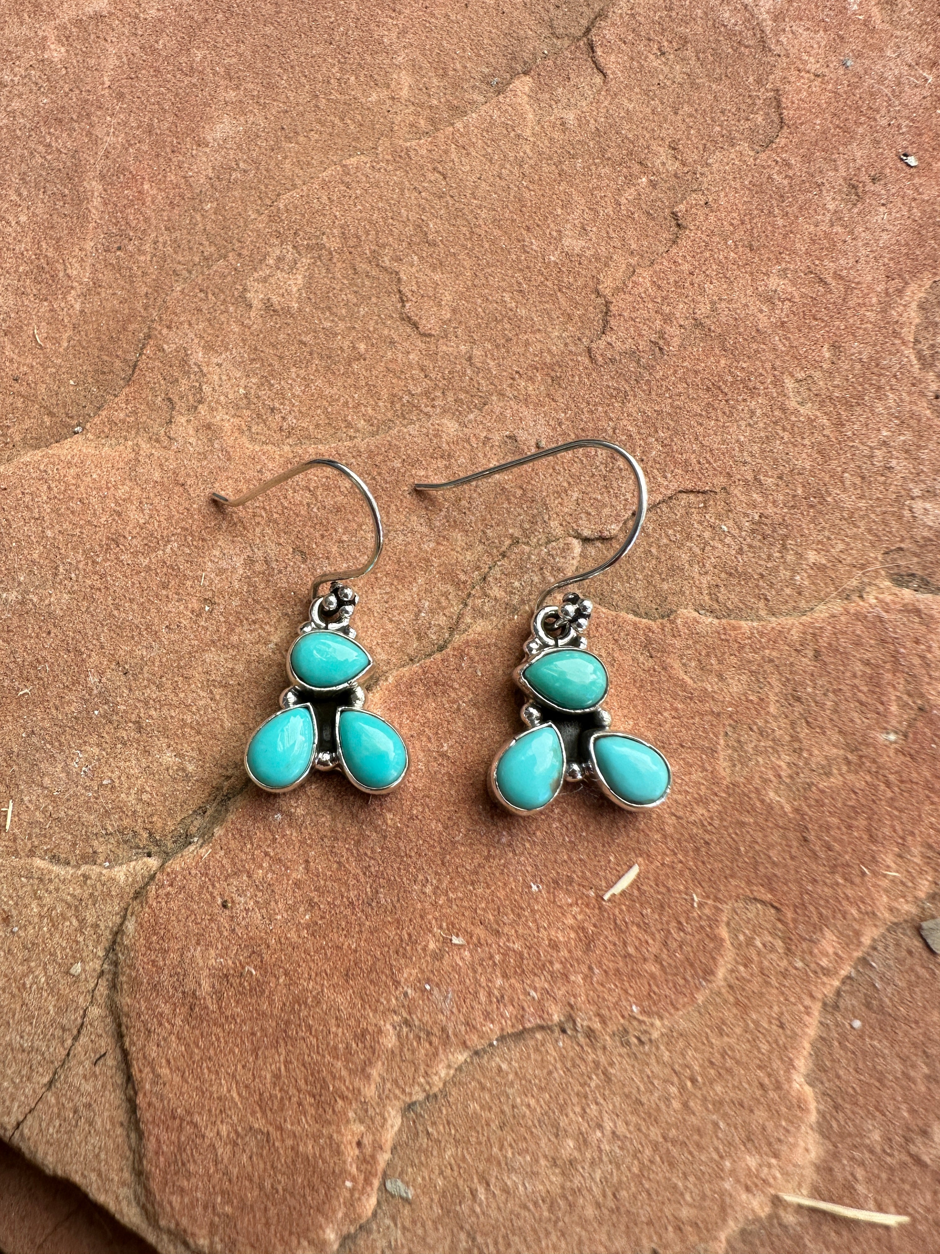 Handmade 3 Stone Natural Turquoise and Sterling Silver Dangles