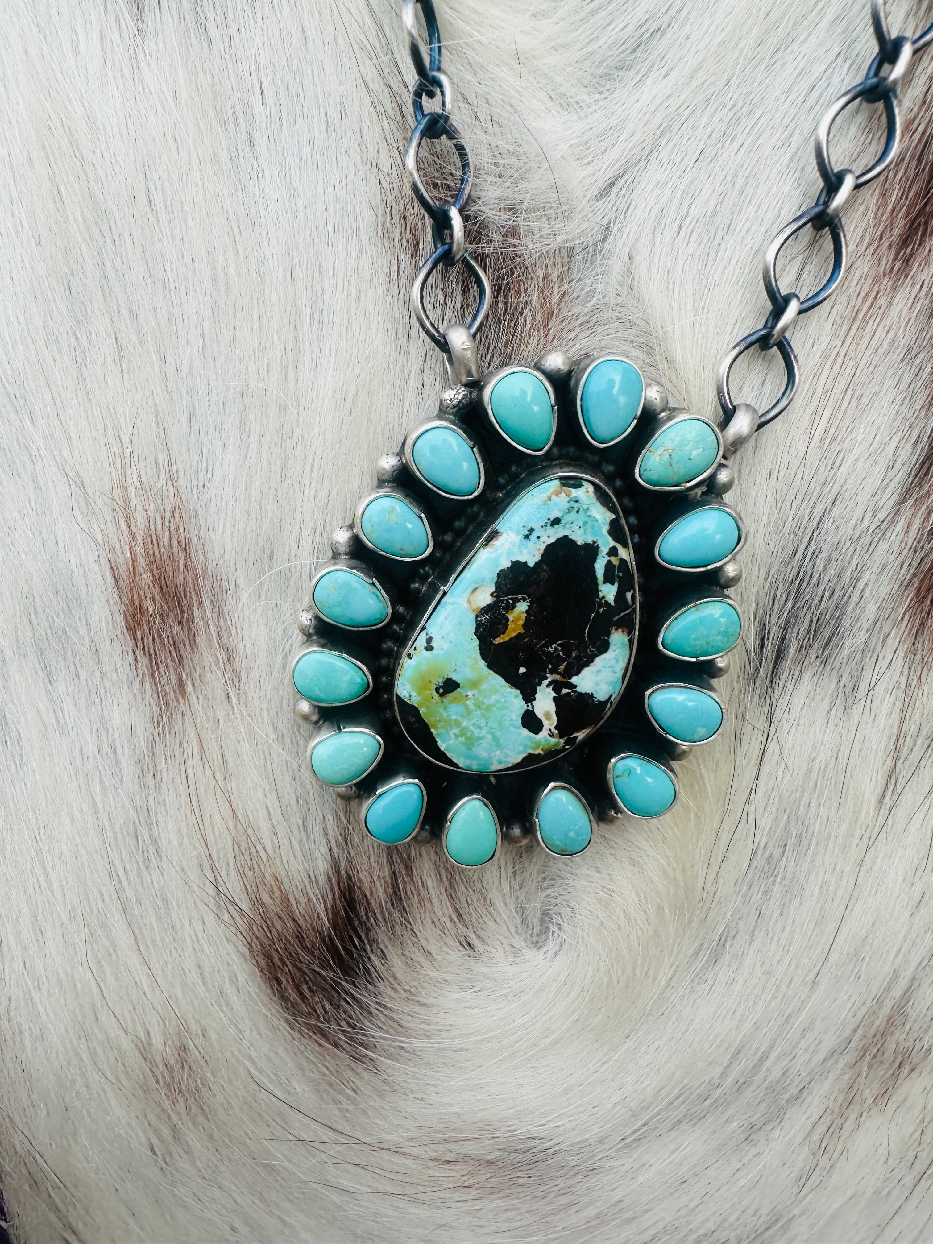 Handcrafted Turquoise & Sterling Silver Cluster Necklace by Travis Jim