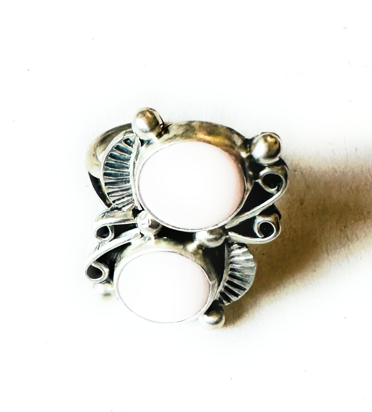 Navajo Sterling Silver & Queen Pink Conch 2 Stone Adjustable Ring