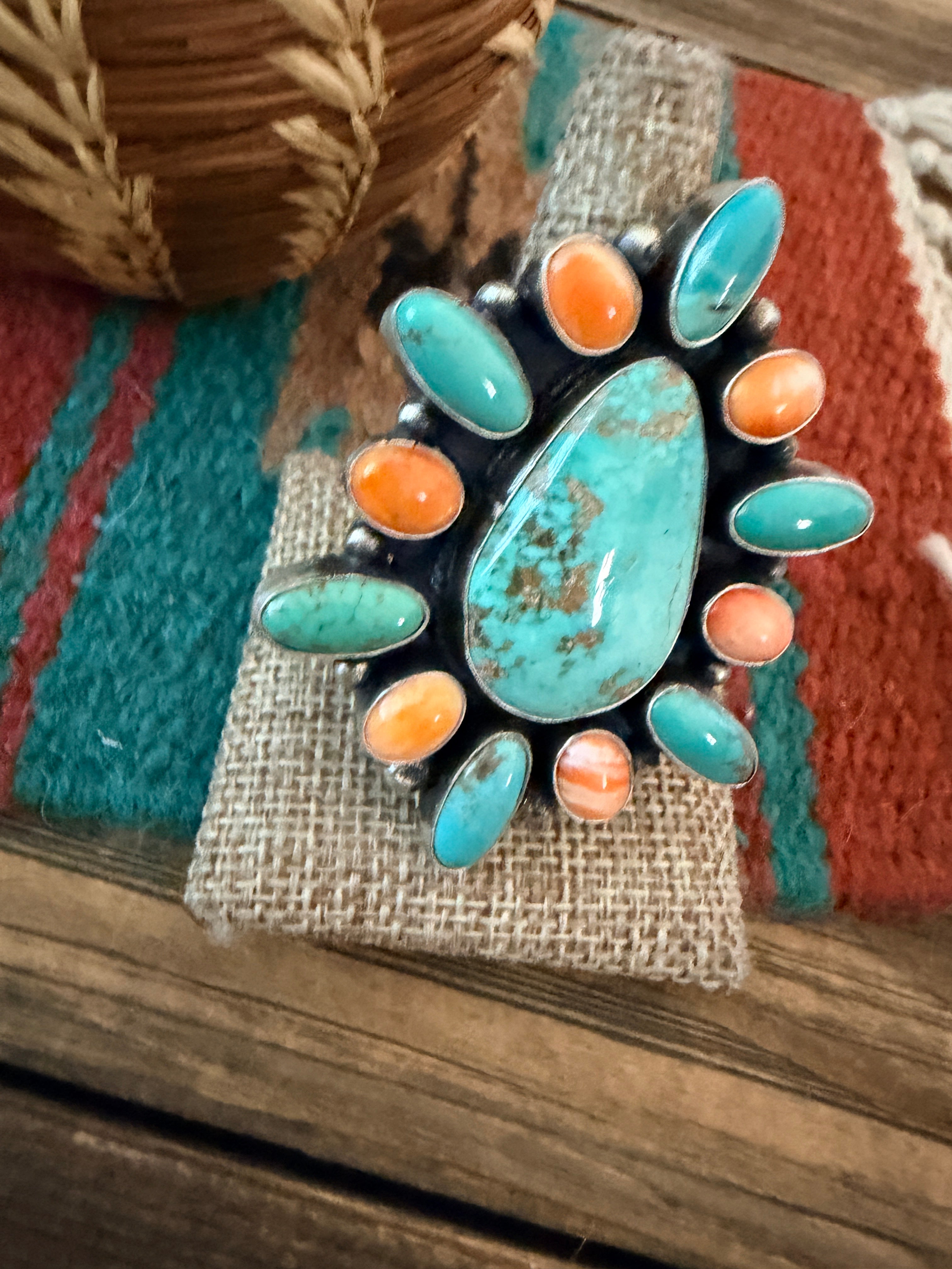 Handcrafted Spiny Oyster, Turquoise & Sterling Silver Cluster Ring by Sheila Becenti Size 12