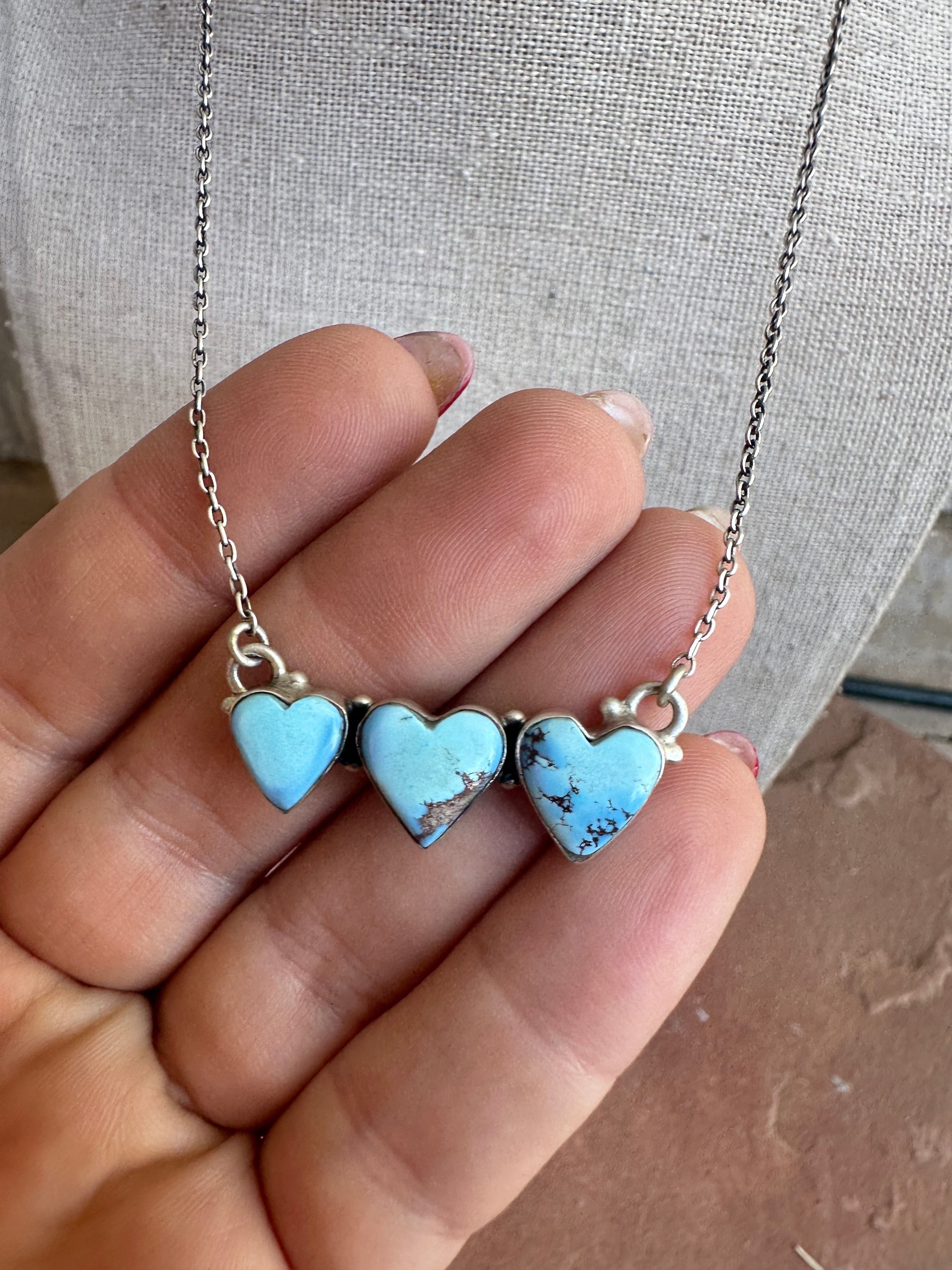 Handmade Sterling Silver and Golden Hills Turquoise 3 Stone Heart Necklace Signed Nizhoni