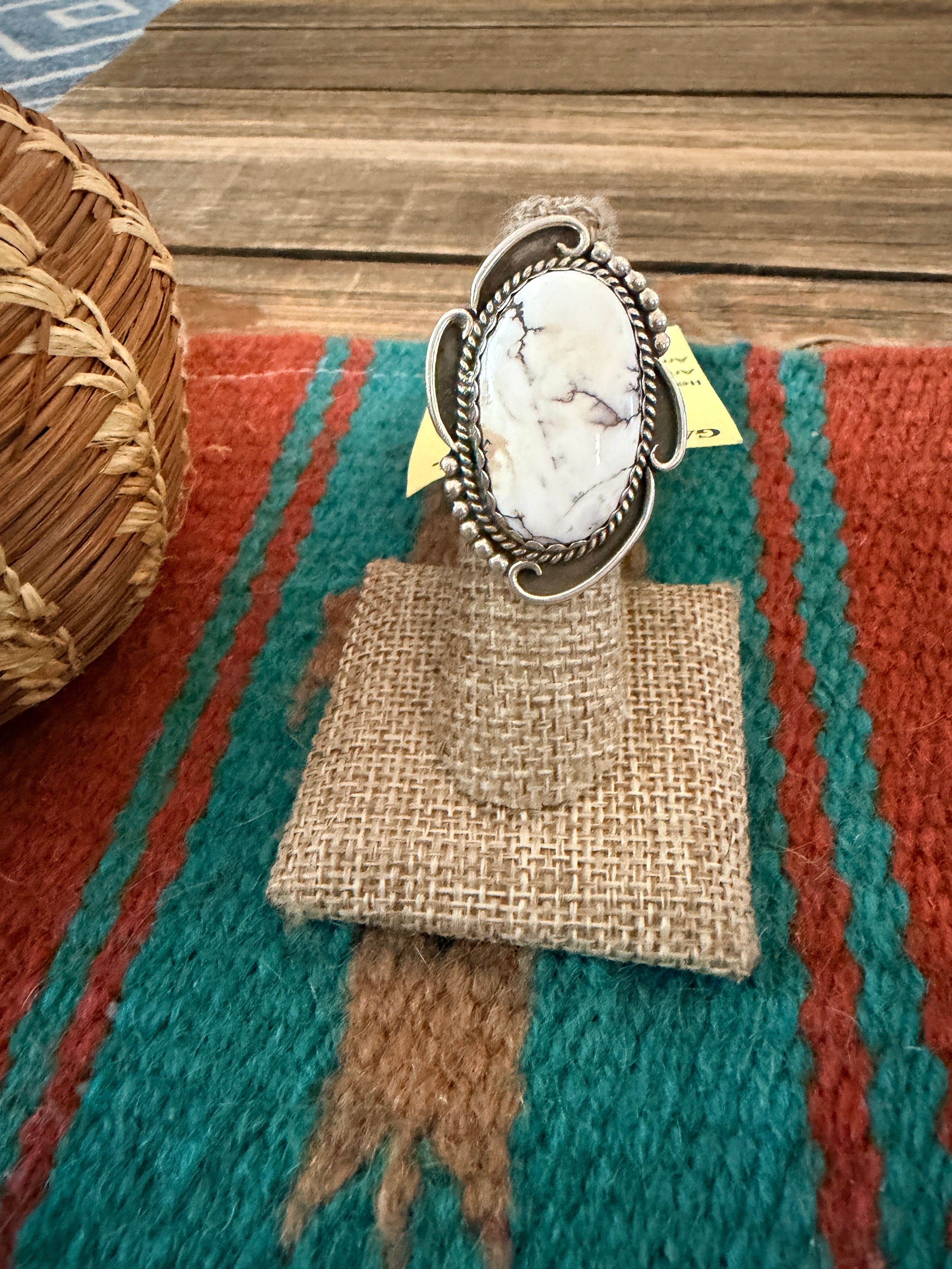 Old Pawn Handcrafted White Buffalo & Sterling Silver Ring Size 6.75
