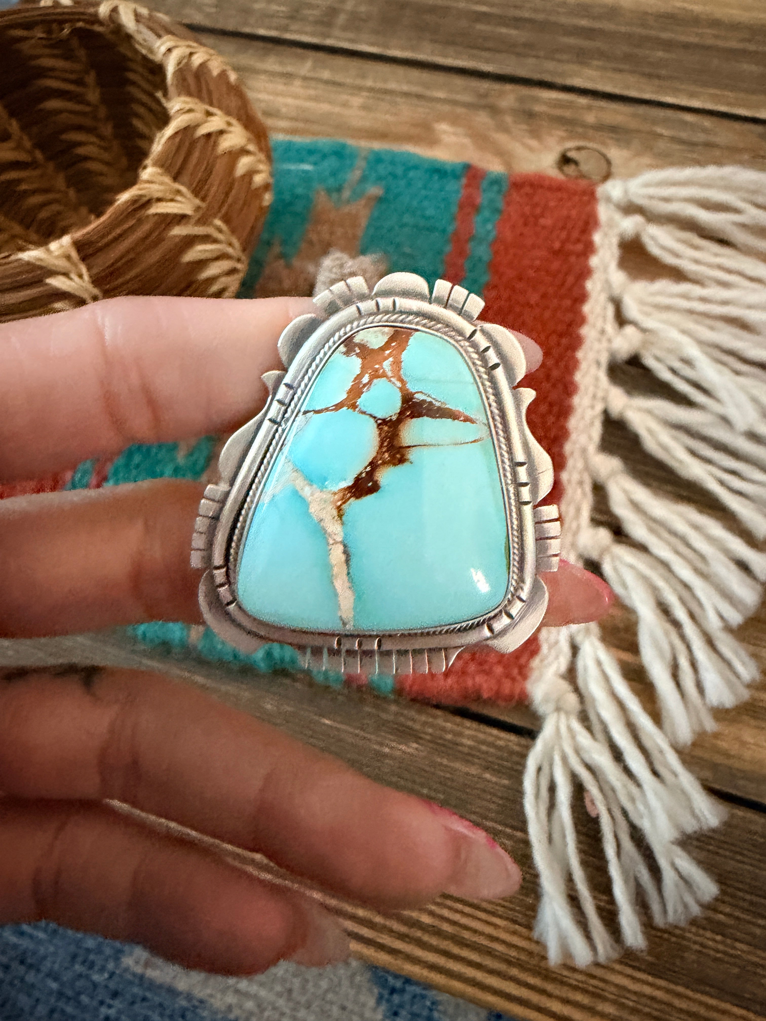 Handcrafted Golden Hills Turquoise & Sterling Silver Ring Size 8 by Daniel Benally