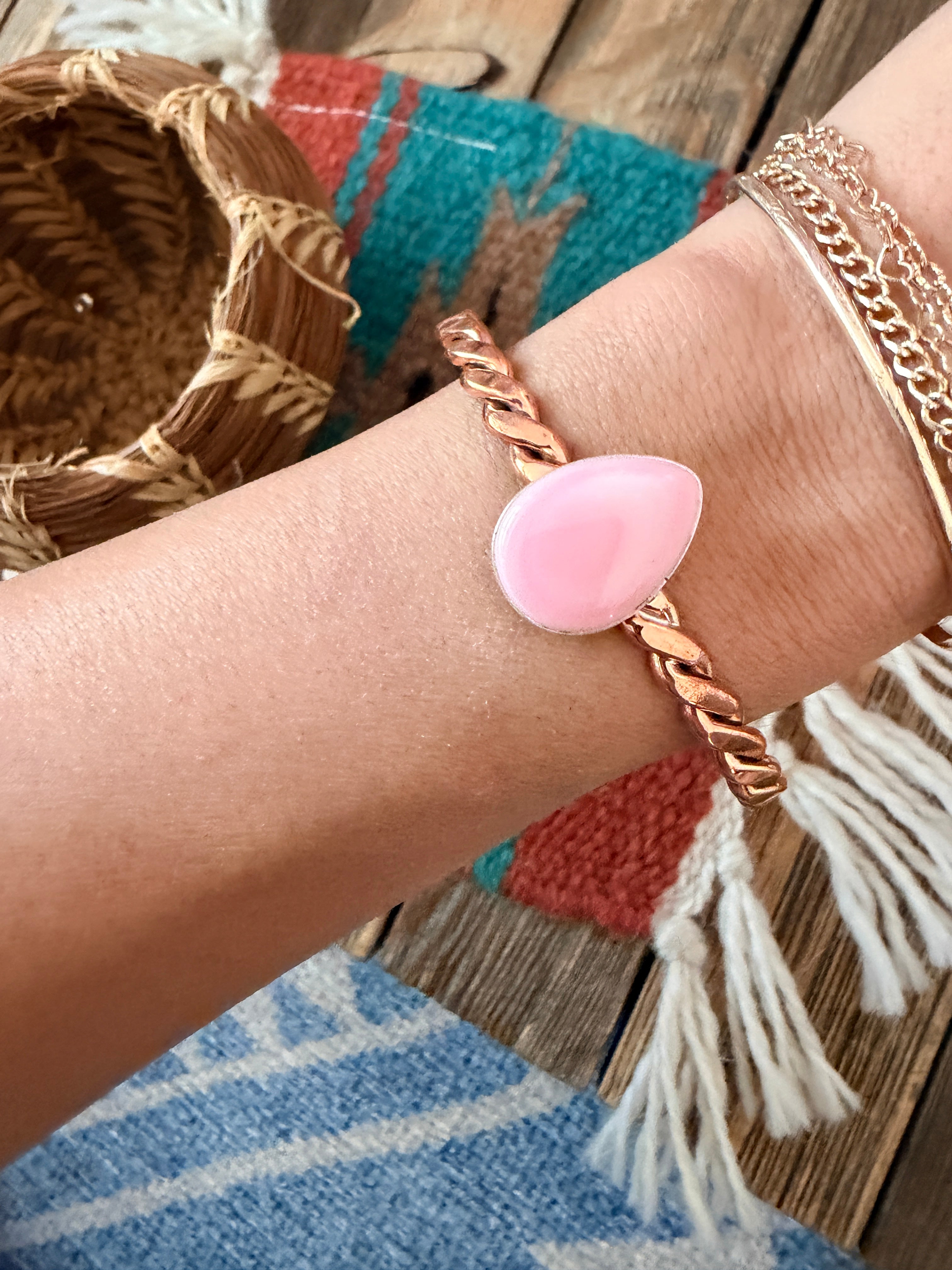 Handcrafted Queen Pink Conch & Copper Twisted Cuff Bracelet by Julia Etsitty