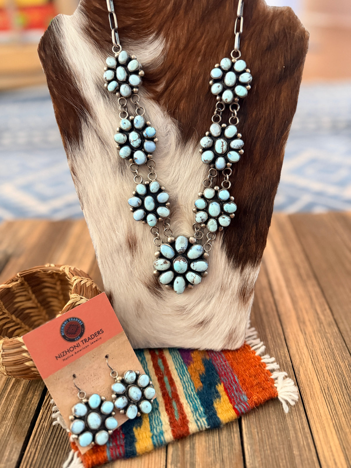 Handcrafted Golden Hills Turquoise & Sterling Silver Cluster Necklace and Earring Set by Kathleen Chavez