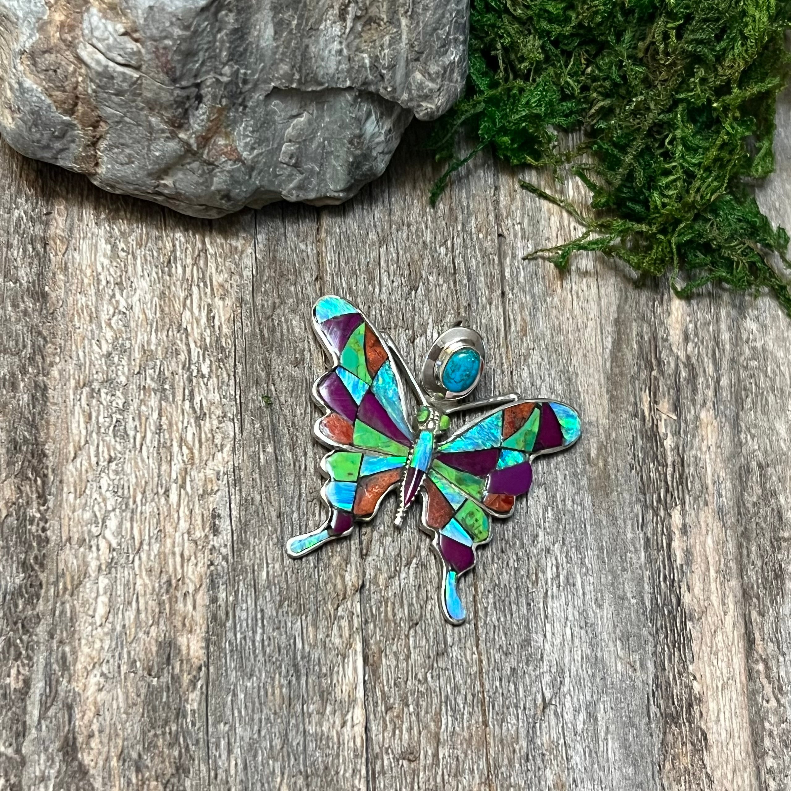 Handmade Sterling Silver Multi Stone Inlay Turquoise Butterfly Pendant