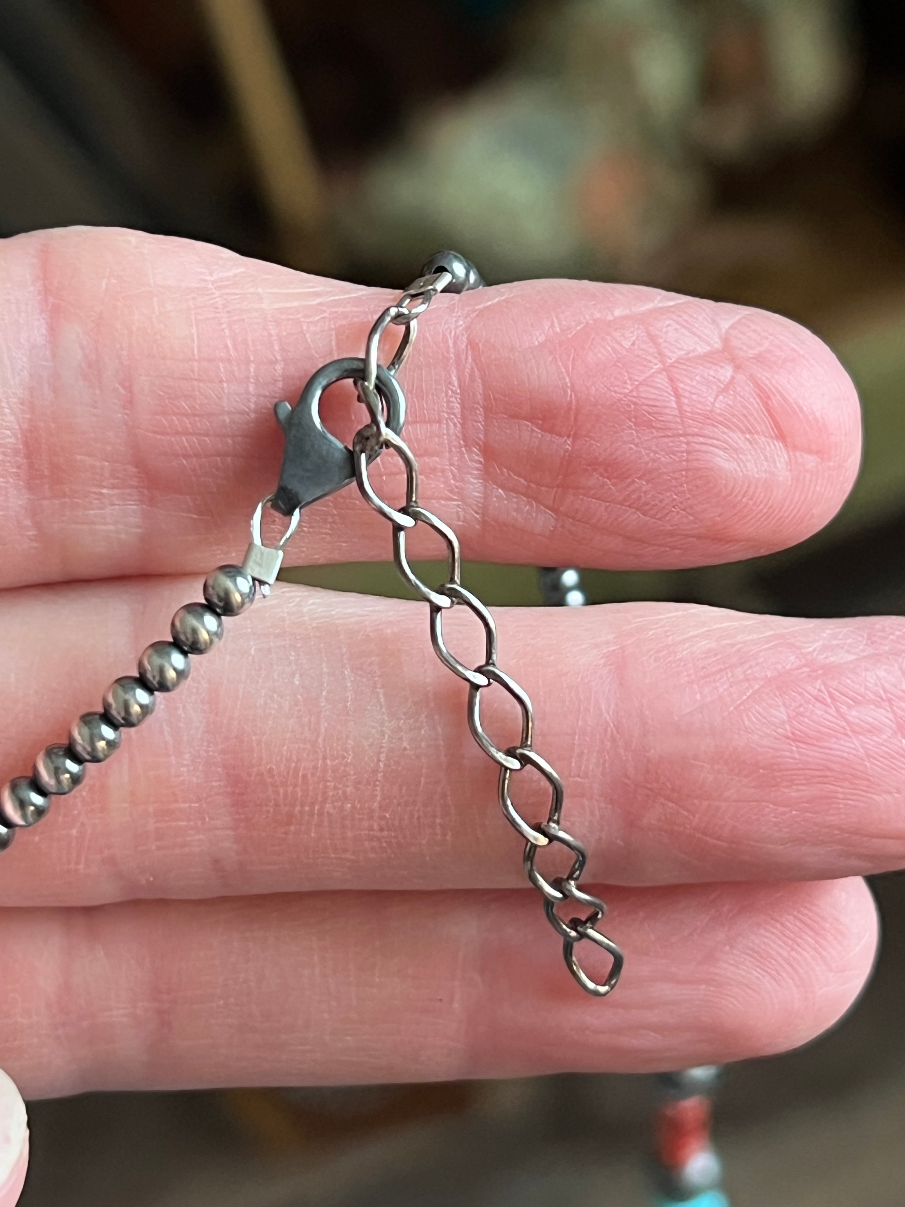 Bohemian Bliss Beaded Layering Necklace with Sterling Silver, Spiny Oyster Shell and Turquoise, 24” + 1.5”