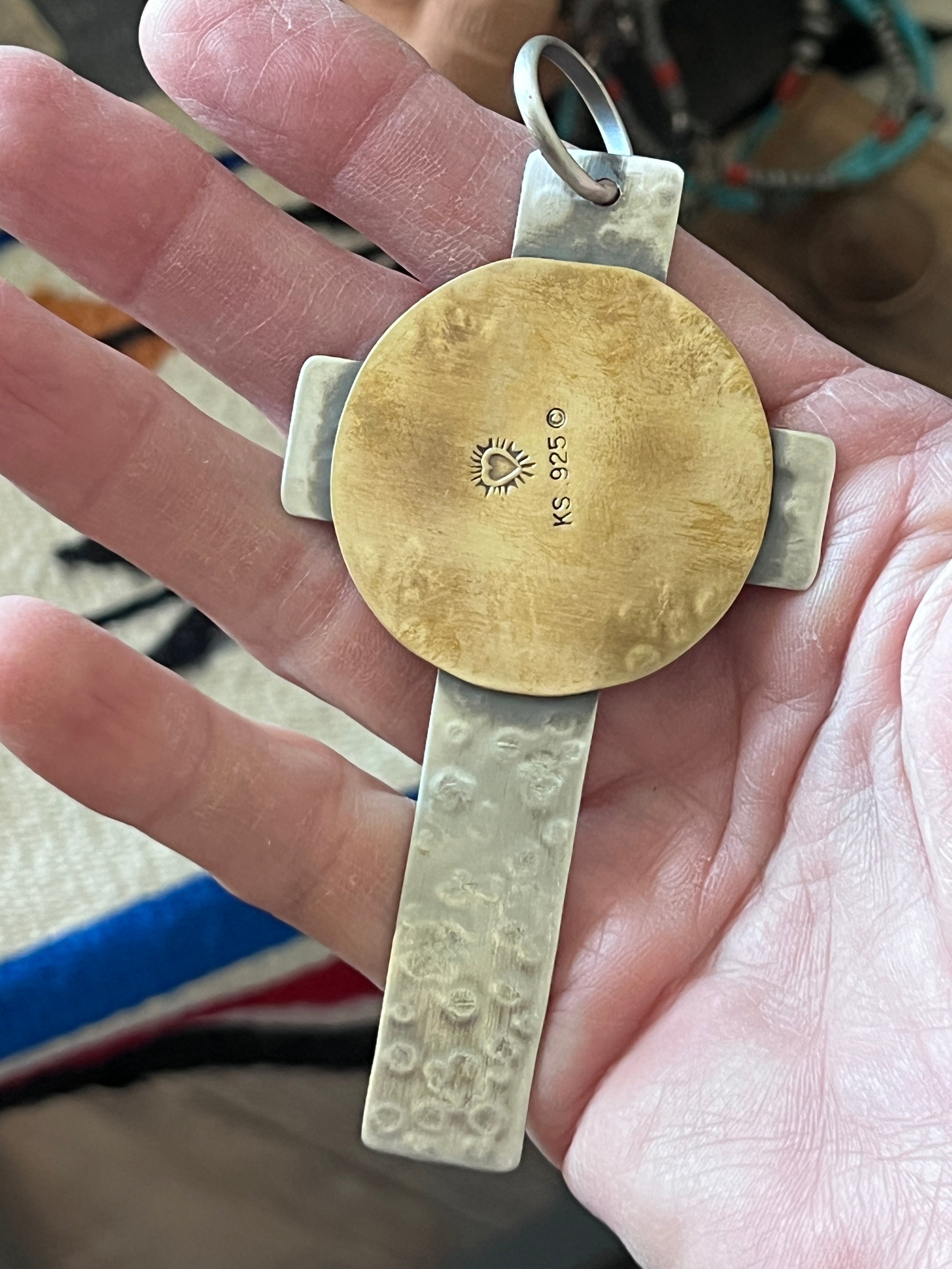 Hand Stamped Sterling Silver, Brass & Royston Turquoise Cross Pendant by Kimari Somers