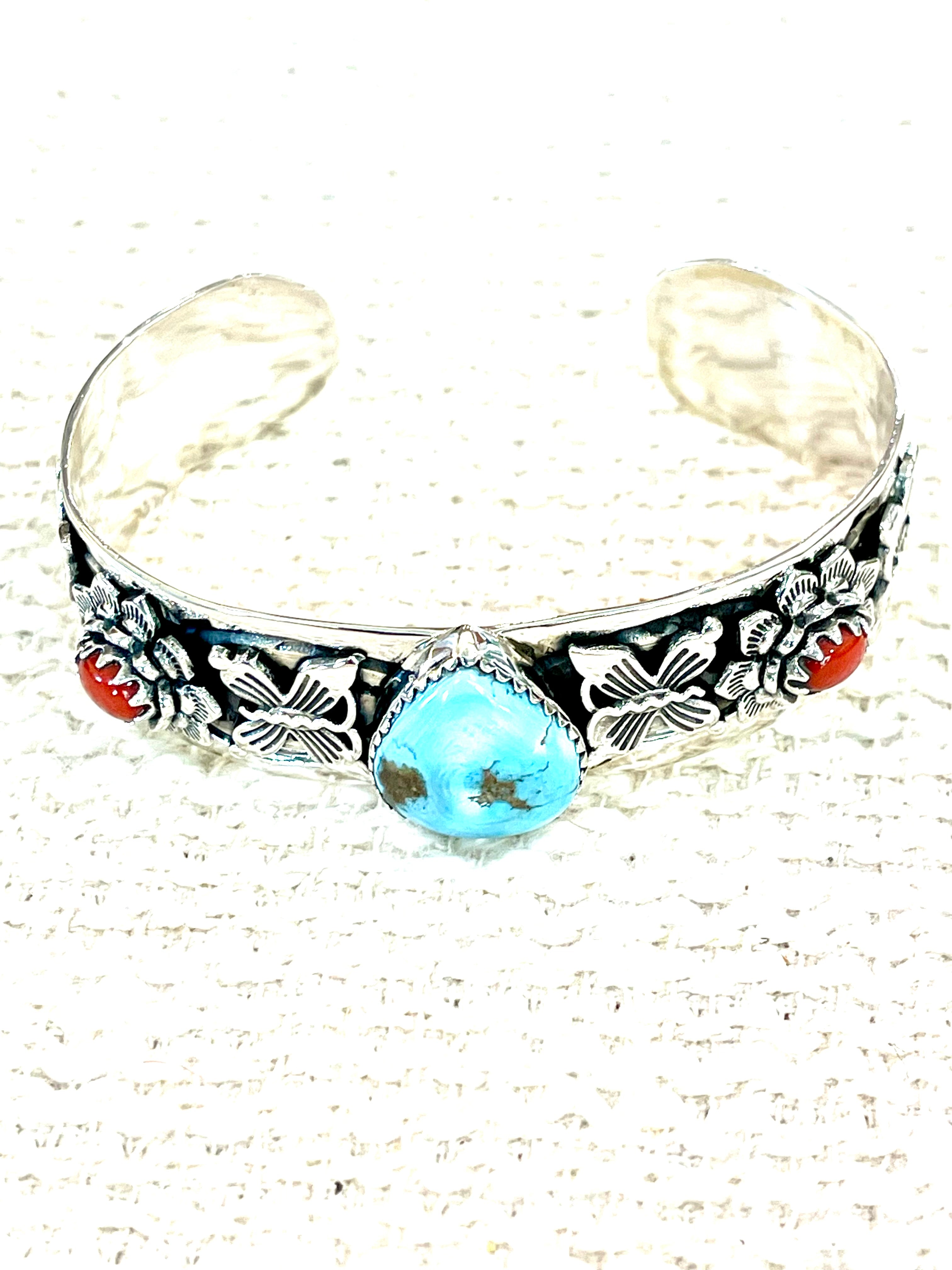 Handmade Sterling Silver Golden Hills Turquoise & Coral Cuff Bracelet with Signed Nizhoni