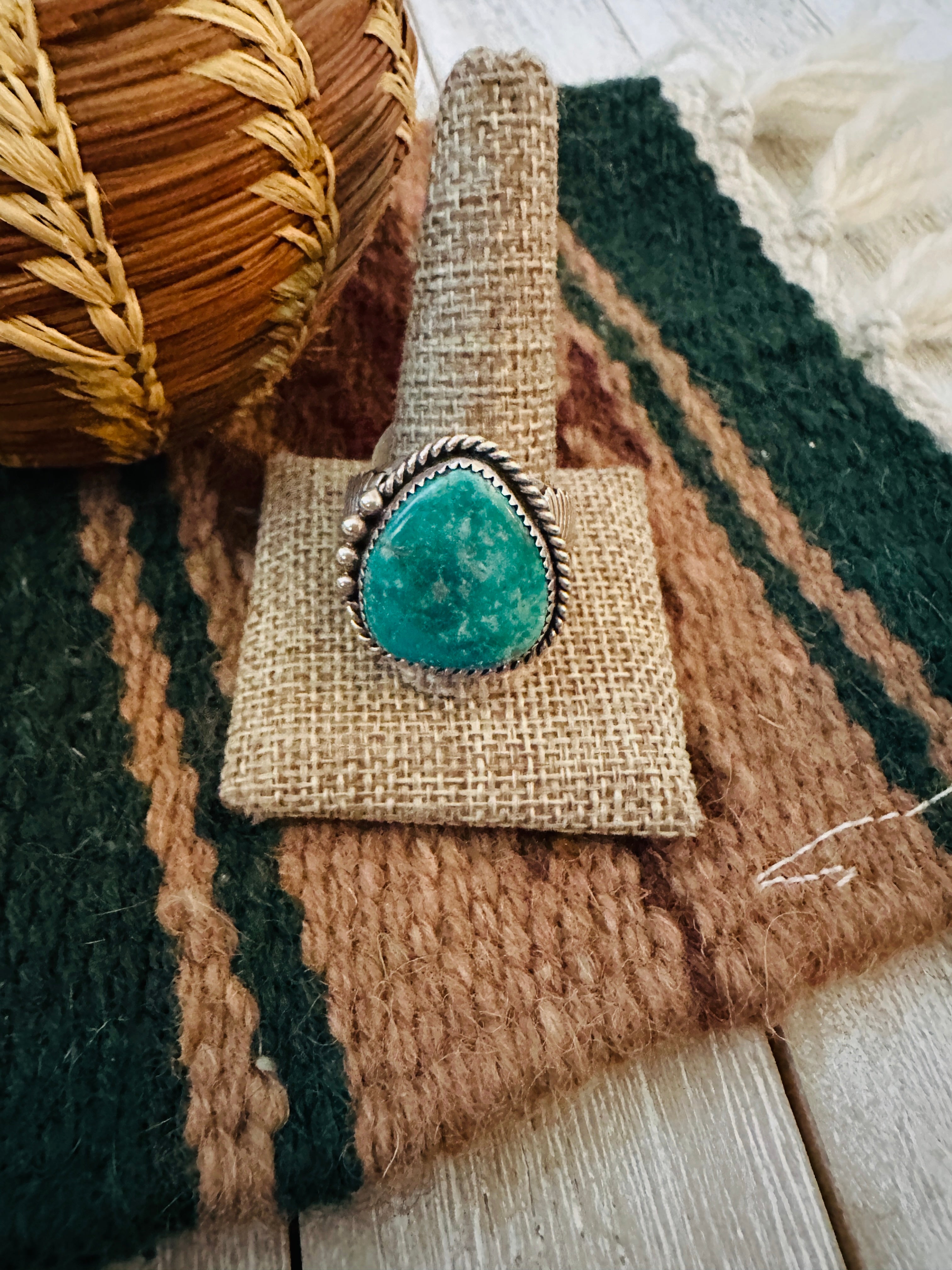 Old Pawn Handcrafted Turquoise & Sterling Silver Ring Size 13.75