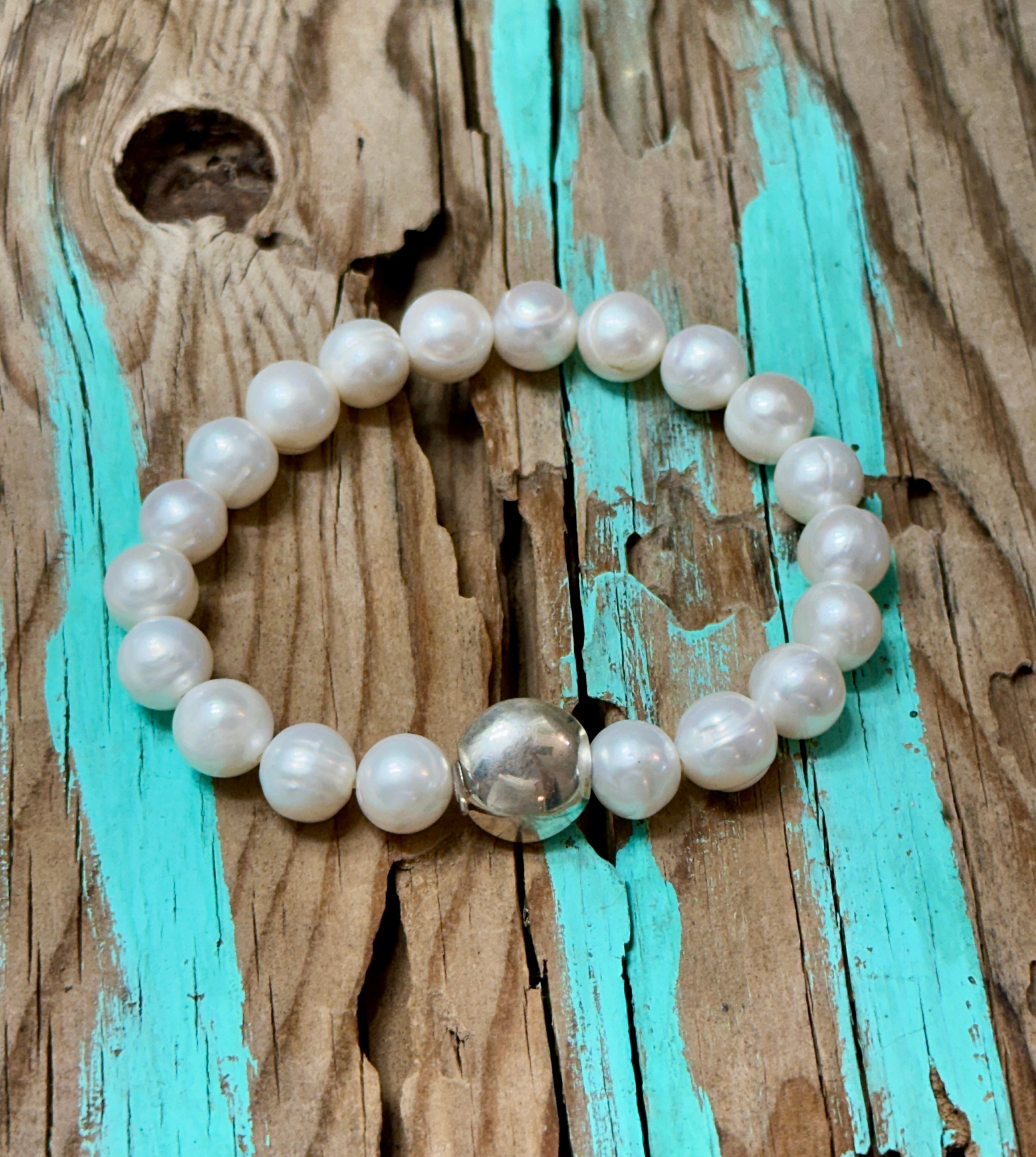 White Pearl Stretch Bracelet with Sterling Silver Disc