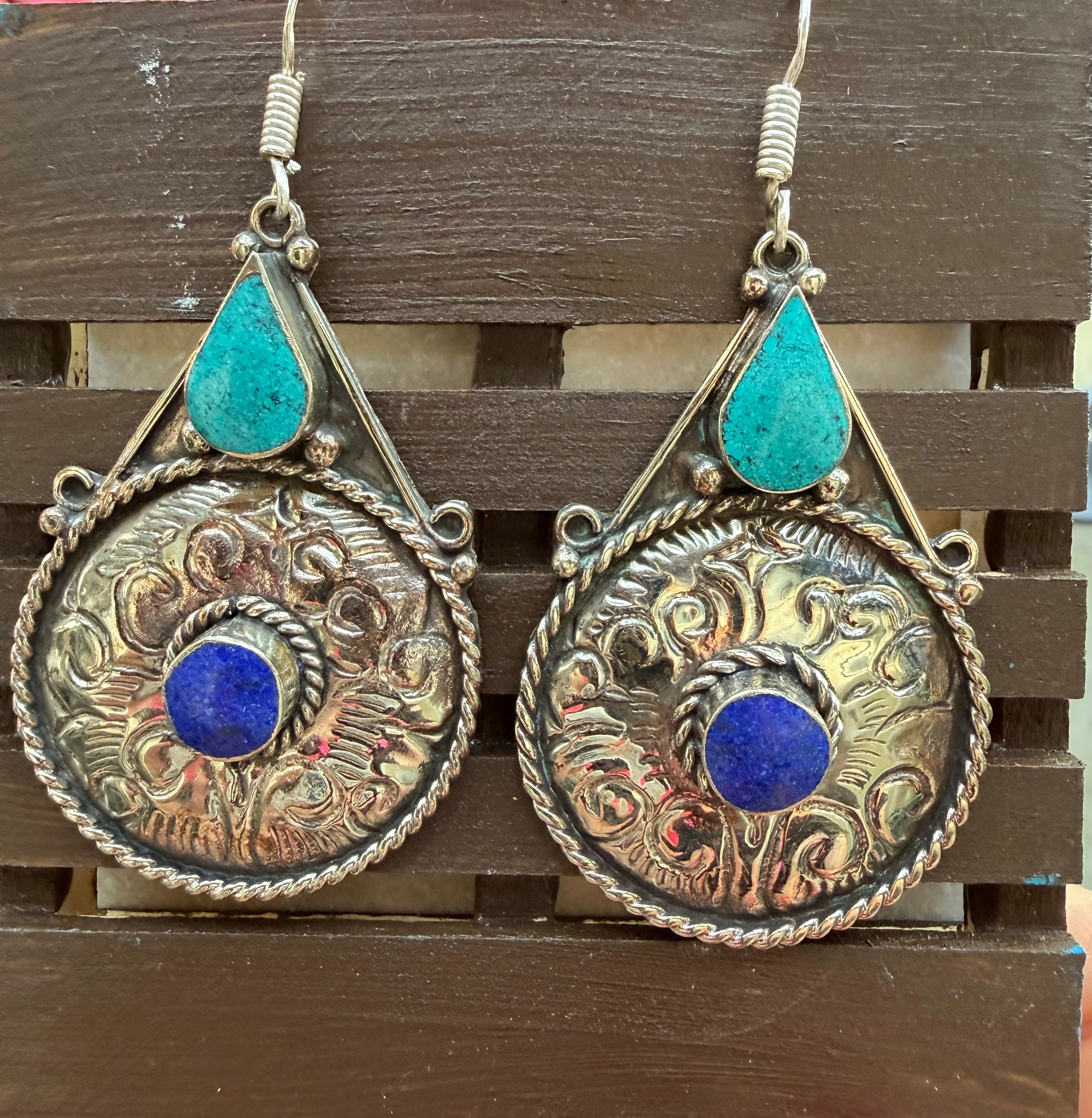 Southwestern Turquoise & Lapis Embossed Silver Drop Earrings
