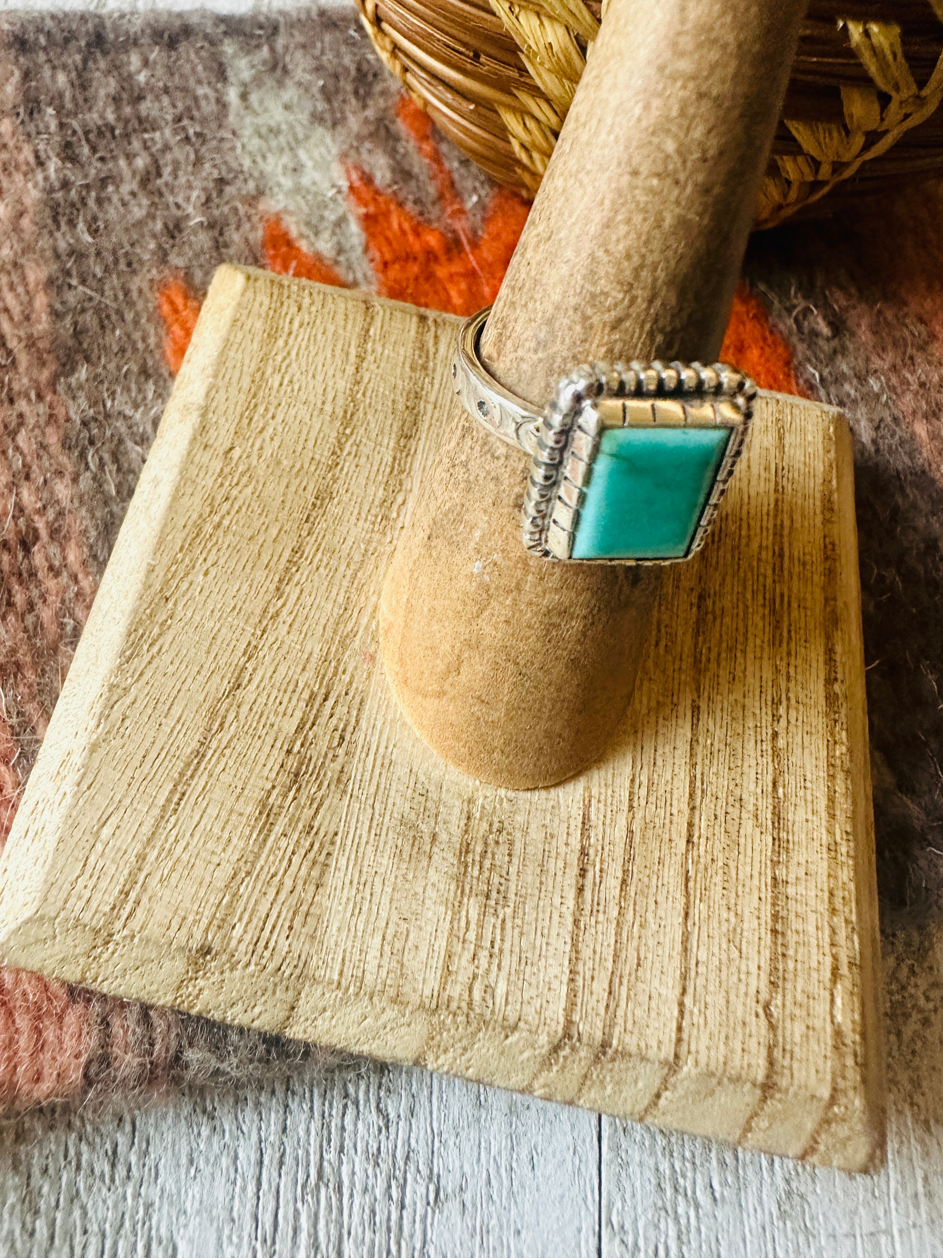 Navajo Turquoise & Sterling Silver Rectangle Ring Size 6