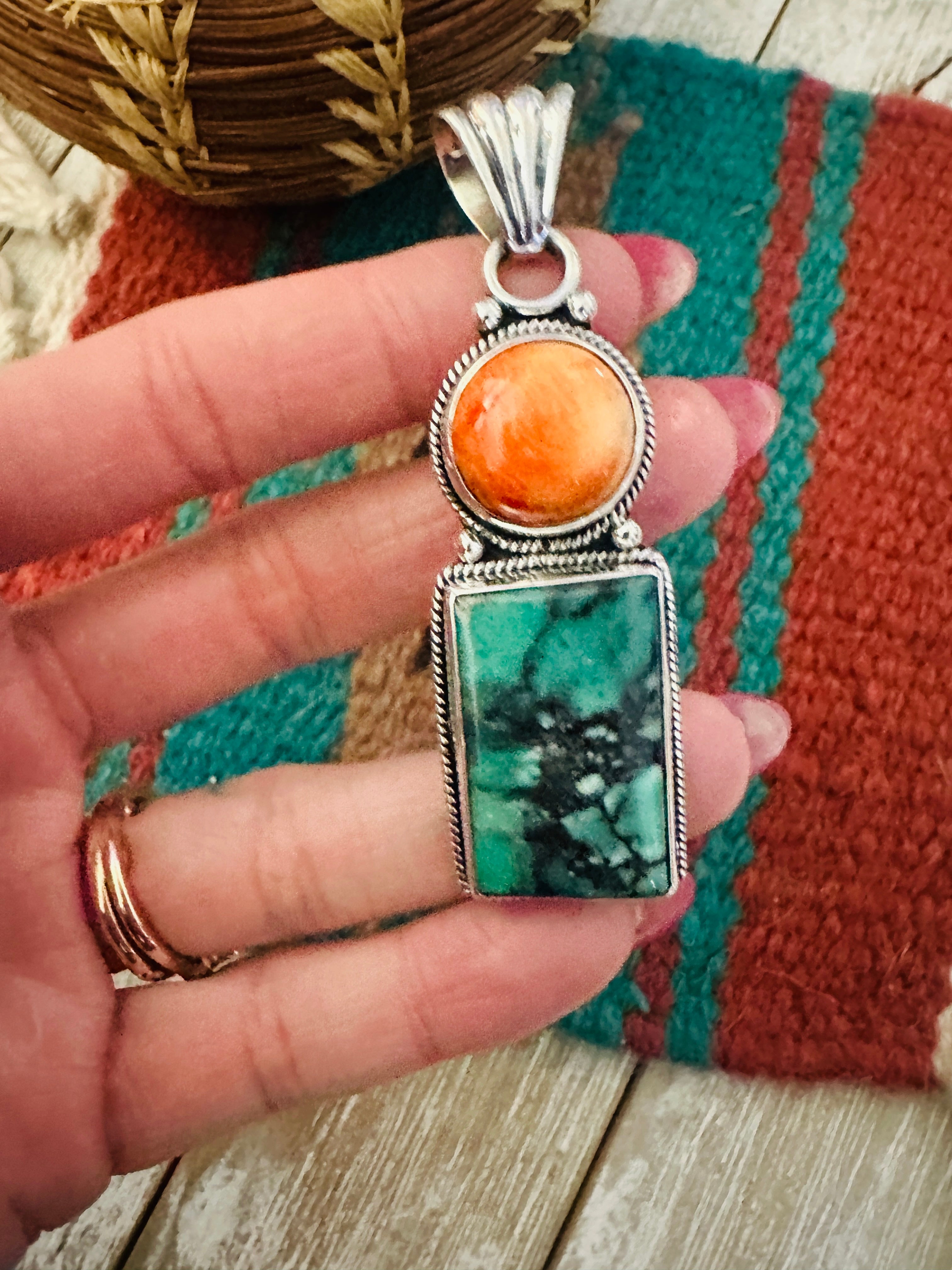 Handcrafted Sterling Silver, Spiny & Turquoise Pendant