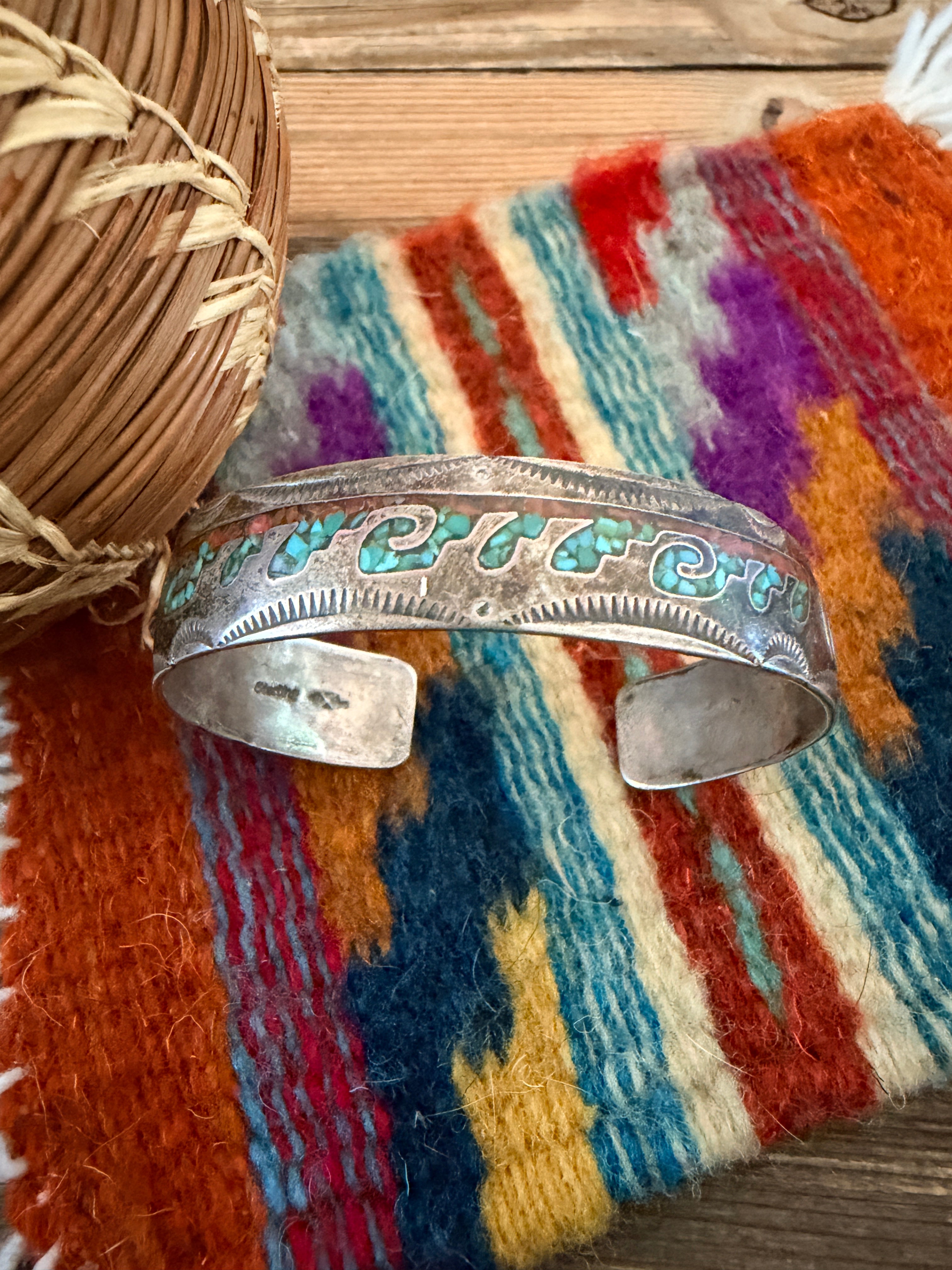 Handcrafted Old Pawn Coral, Turquoise & Sterling Silver Chip Inlay Cuff Bracelet