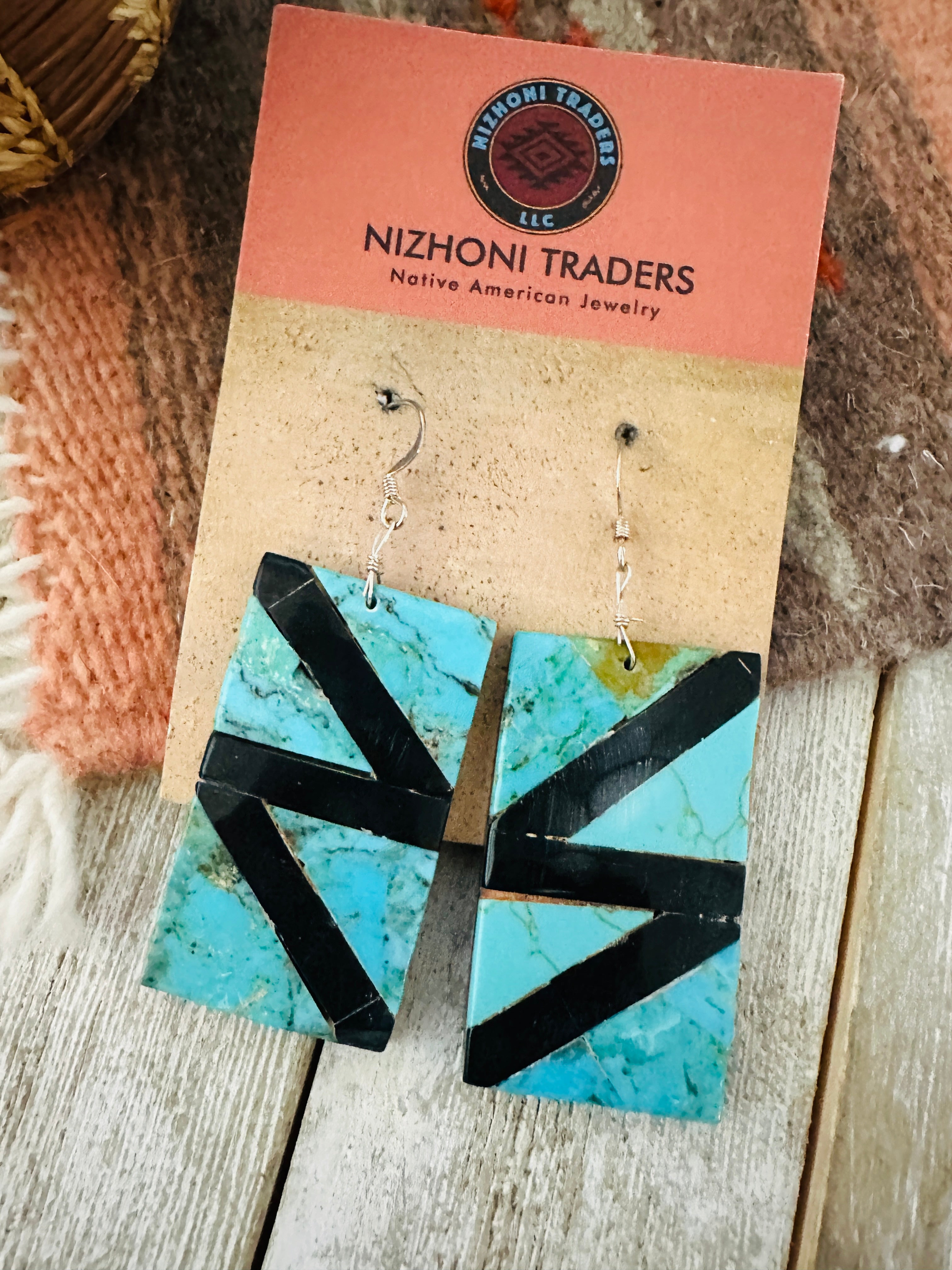 Santo Domingo Turquoise & Onyx Inlay Dangle Earrings