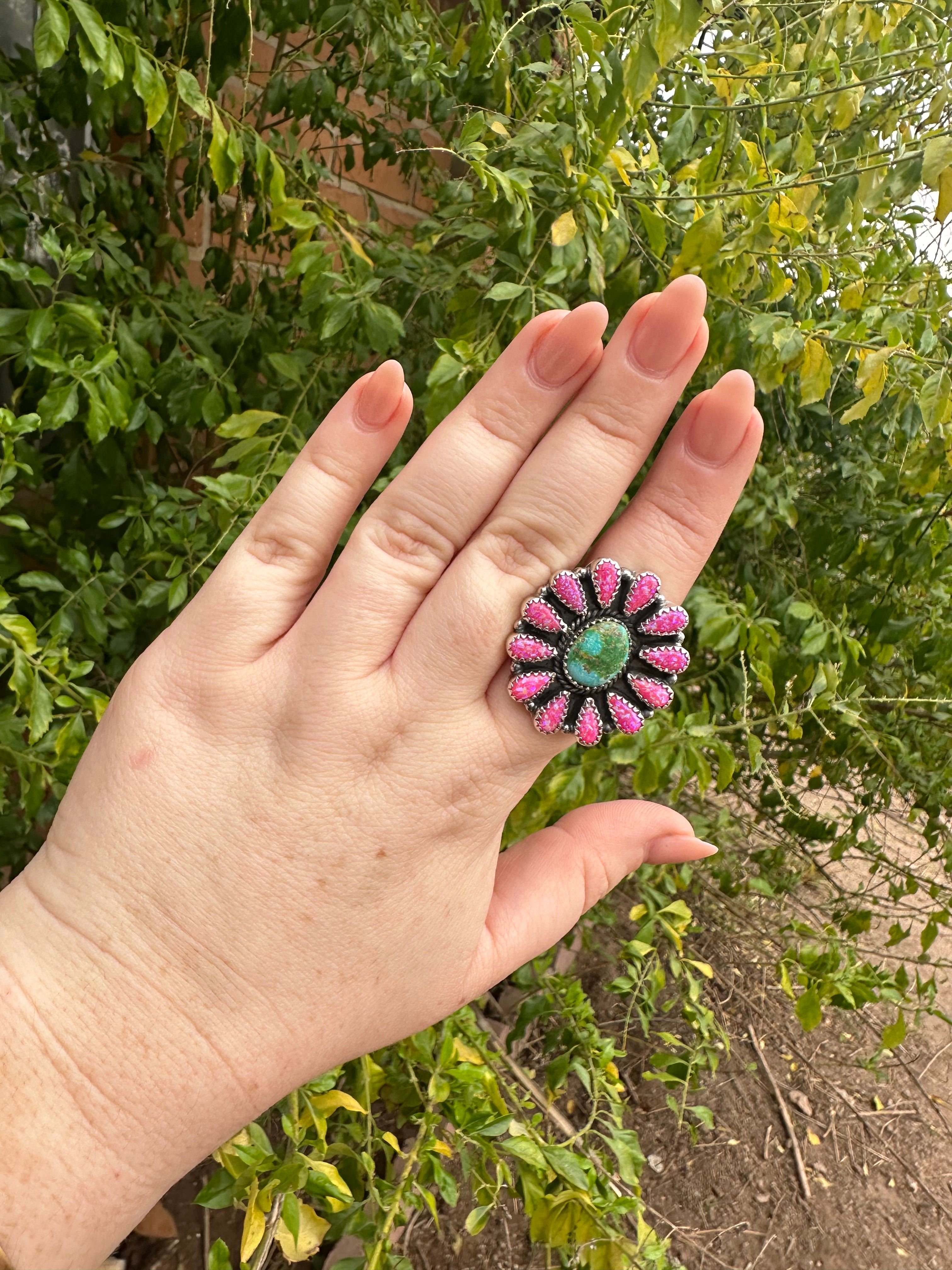 Handmade Sonoran Gold Turquoise, Hot Pink Fire Opal & Sterling Silver Adjustable Ring Signed Nizhoni