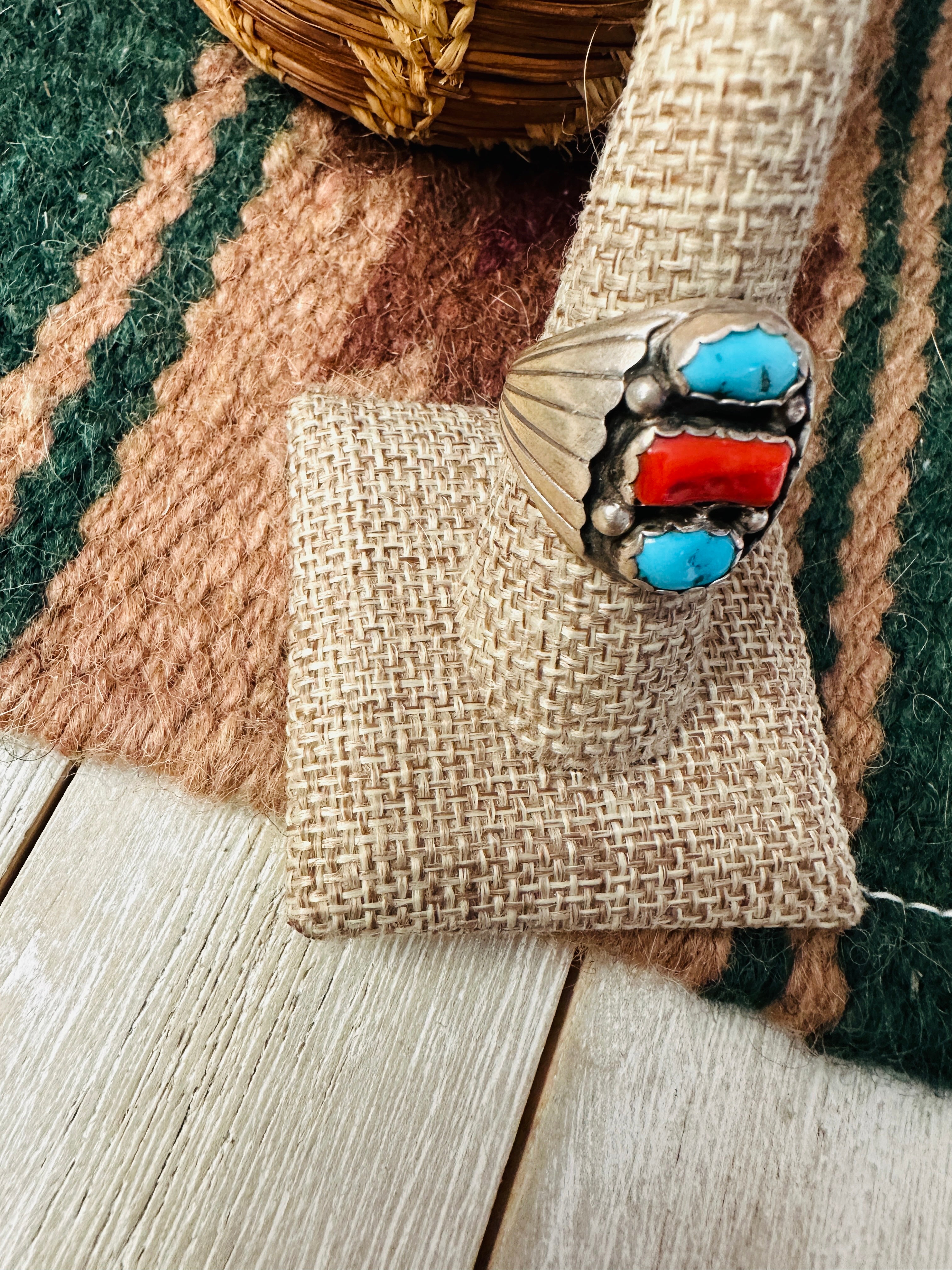 Old Pawn Handcrafted Turquoise, Coral & Sterling Silver Ring Size 8.5