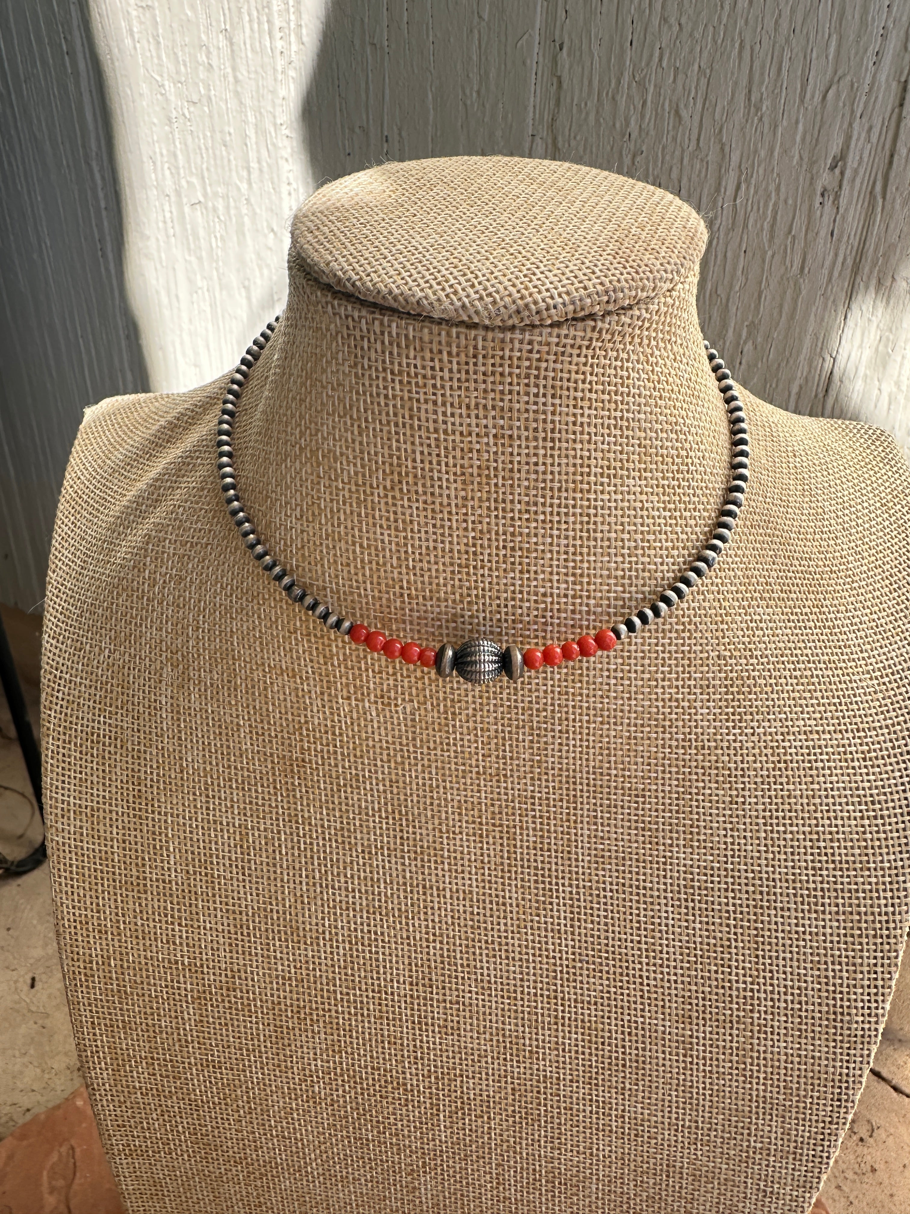 Handmade Sterling Silver Coral Beaded Wrap Choker Necklace