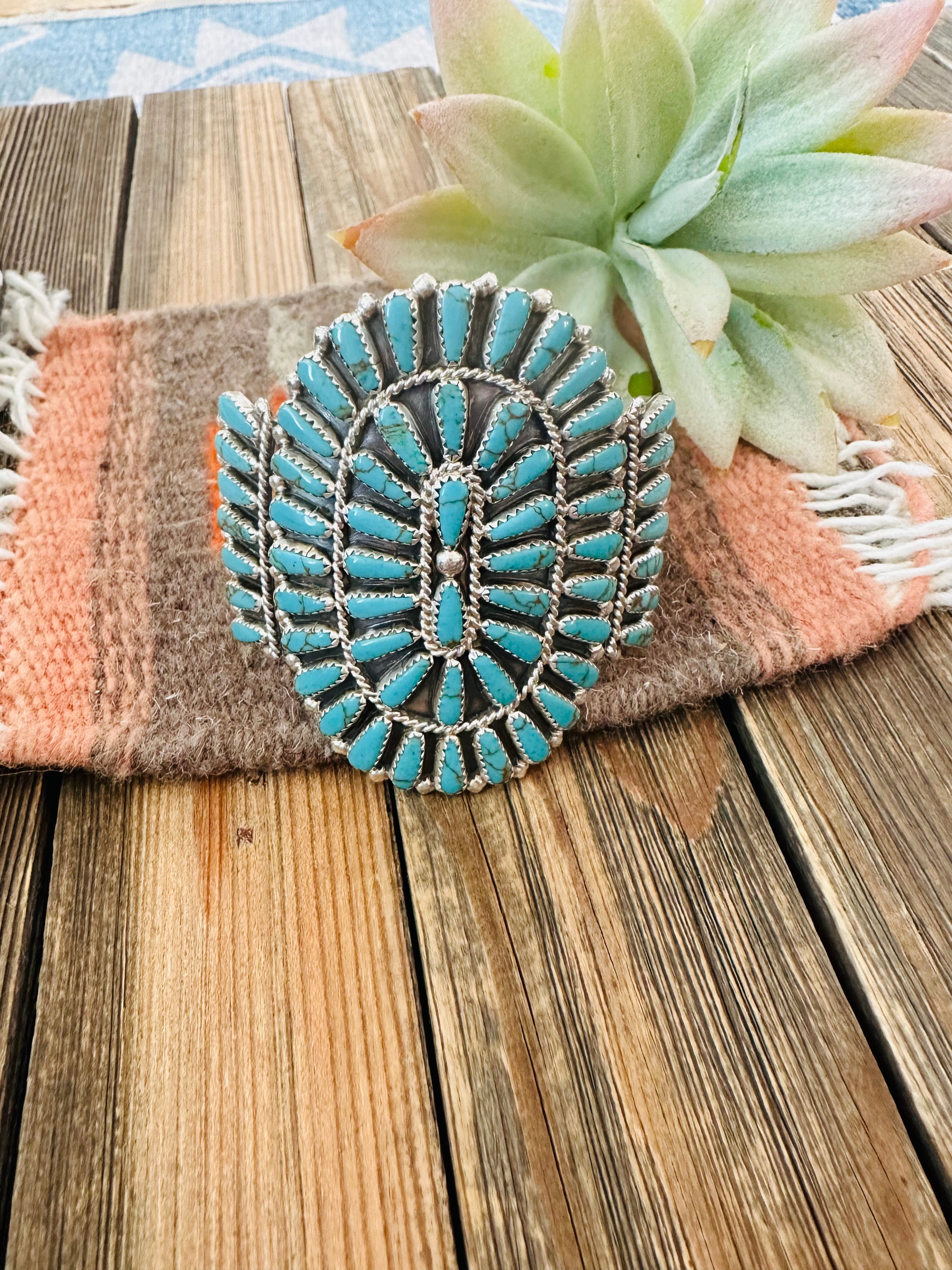 Navajo Turquoise And Sterling Silver Cluster Cuff Bracelet