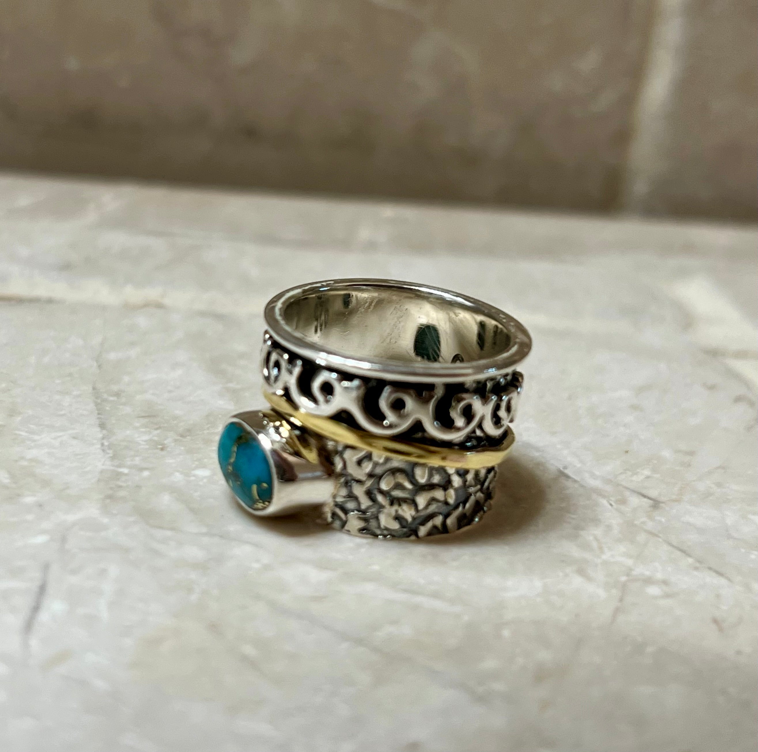 Copper Turquoise Sterling Silver, Gold, Copper Spinner Ring Size 7 “Lattice”