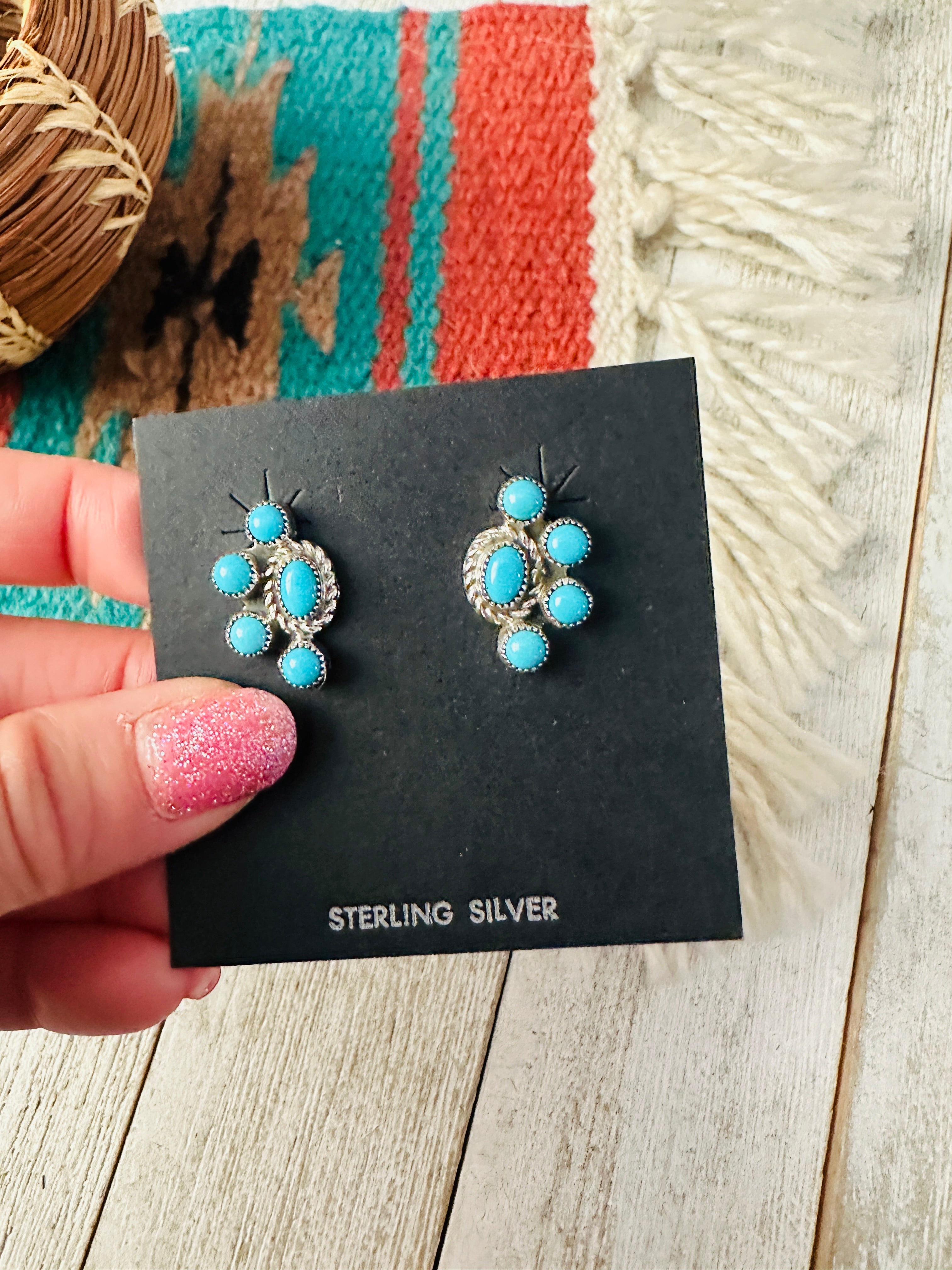 Navajo Sterling Silver & Turquoise Cluster Stud Earrings