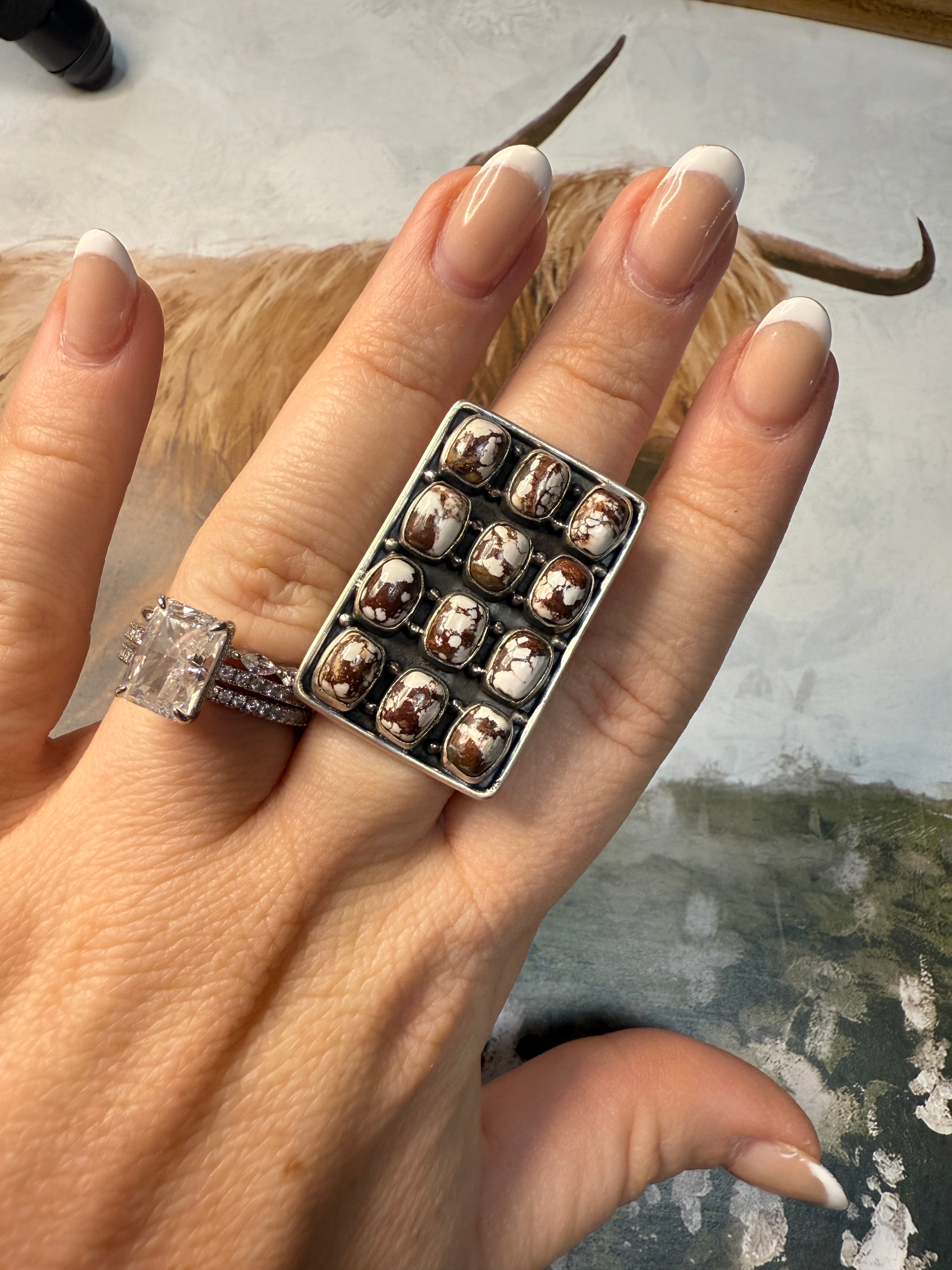 Handmade Wild Horse And Sterling Silver Adjustable 12 Stone Ring