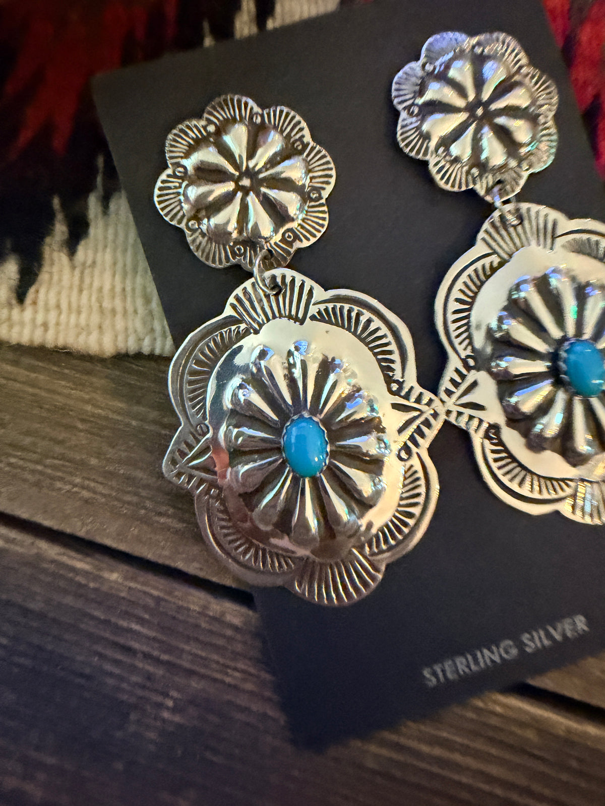 Handcrafted Turquoise & Sterling Silver Concho Dangle Earrings by Genevieve Blackgoat