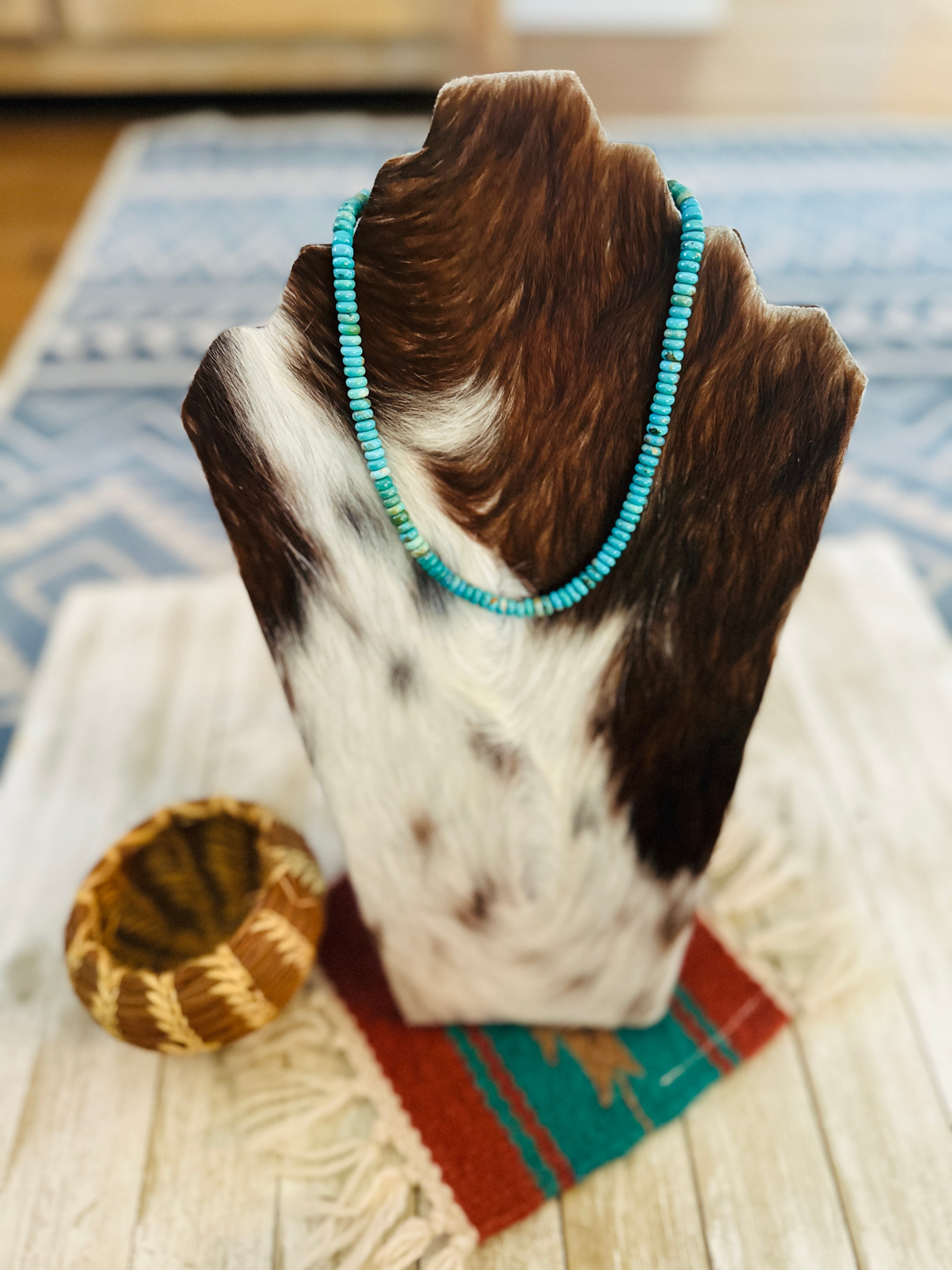 Handcrafted Turquoise & Sterling Silver Beaded Necklace 16”