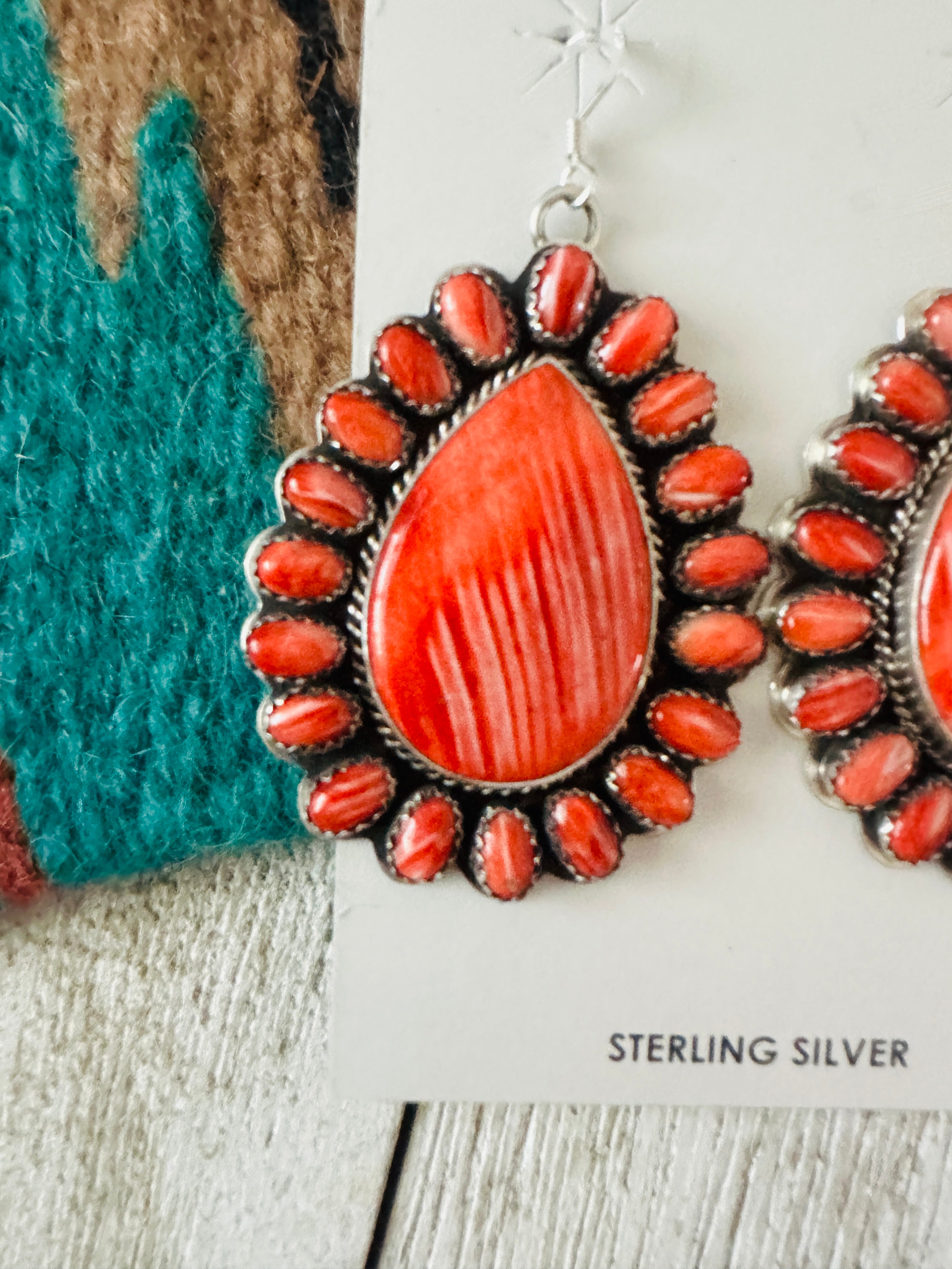 Navajo Sterling Silver & Red Spiny Cluster Dangle Earrings