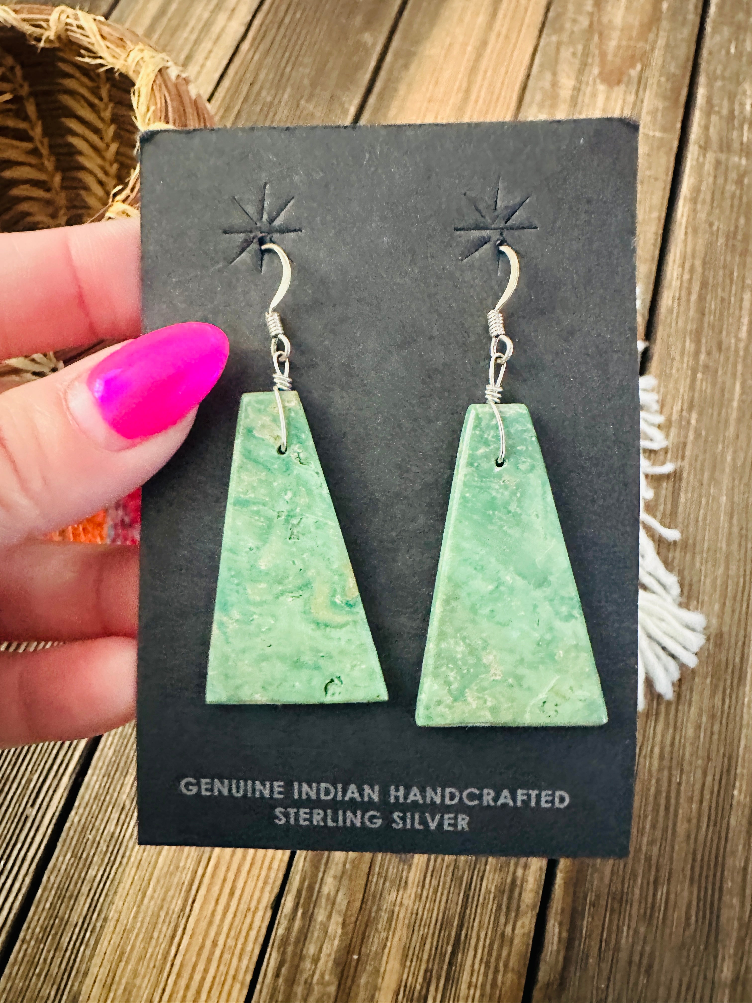 Handcrafted Green Turquoise Slab Dangle Earrings