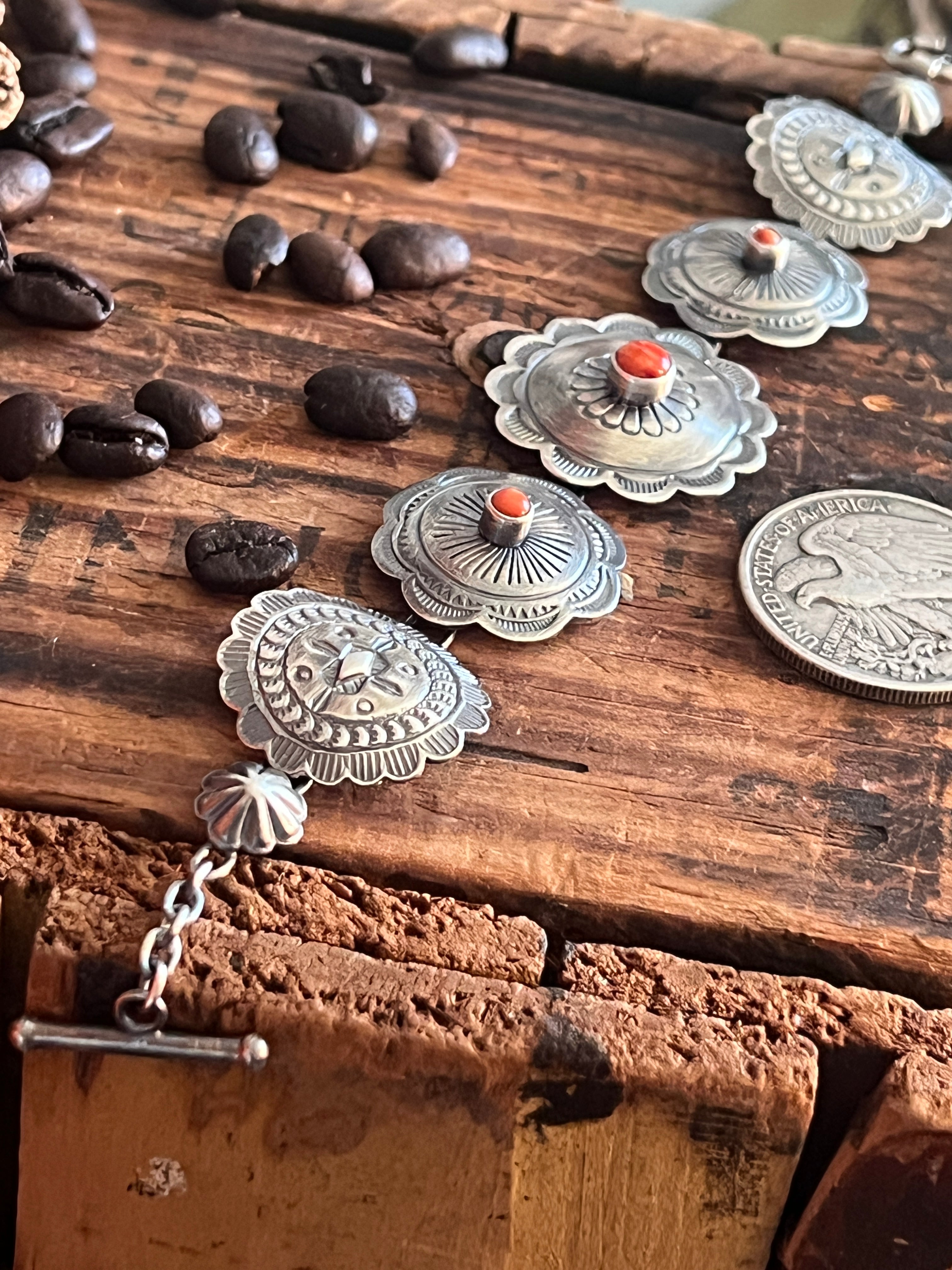 Raymond Coriz Sterling Concho Link Bracelet with Spiny Oyster Shell