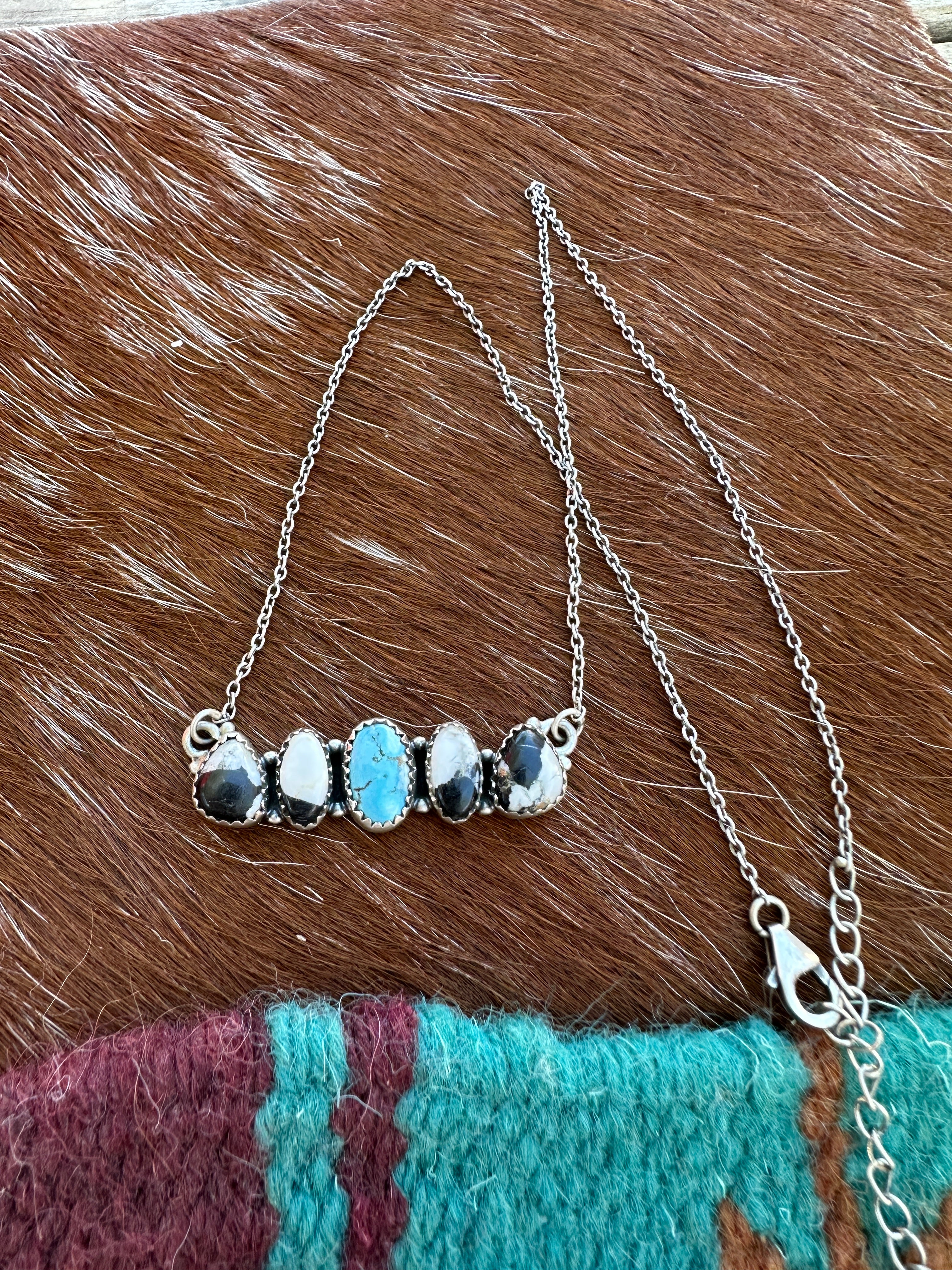 Handmade Sterling Silver, Golden Hills Turquoise & White Buffalo Bar Necklace