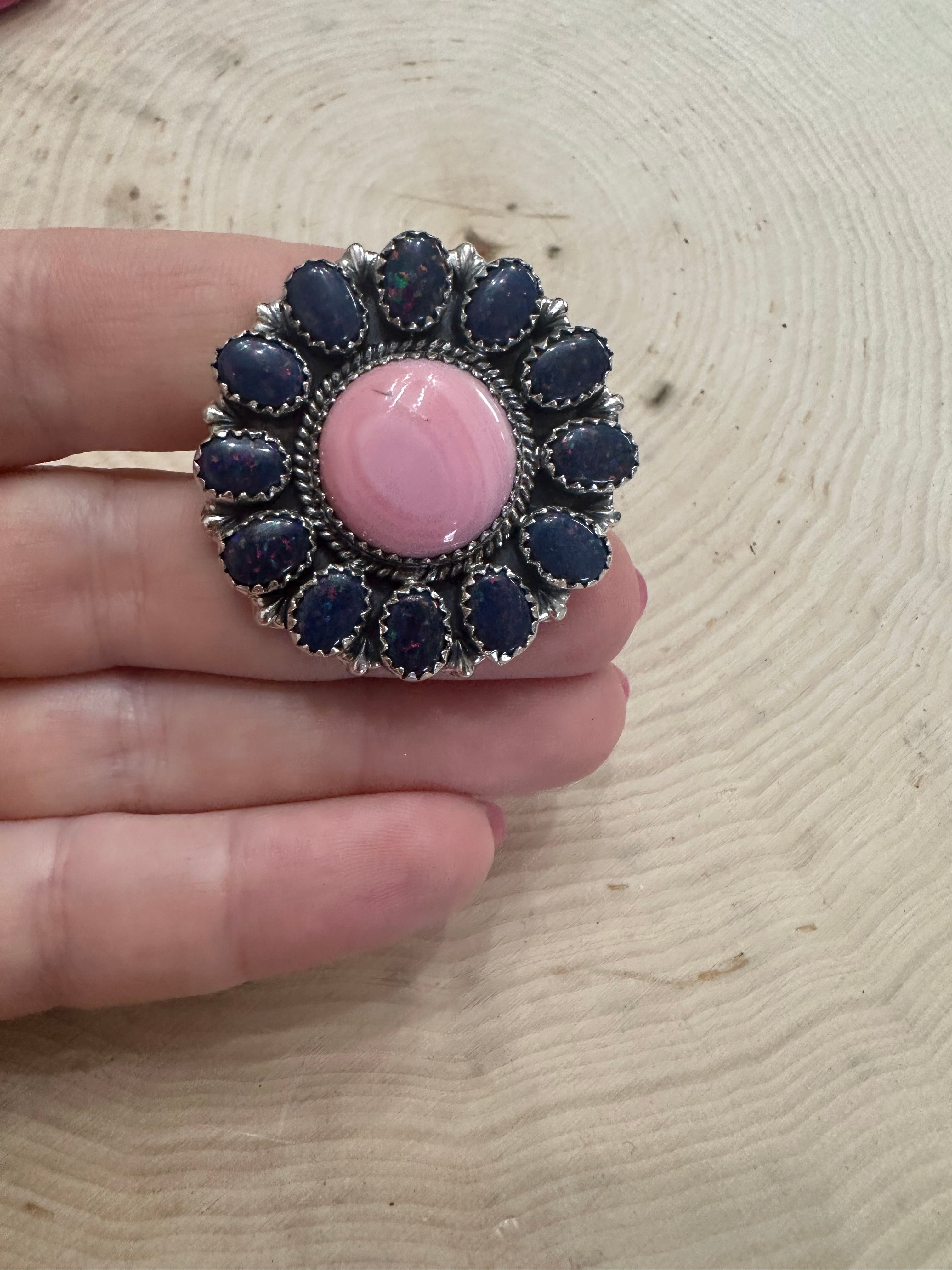 Handmade Pink Conch, Navy Fire Opal And Sterling Silver Adjustable Ring Signed Nizhoni