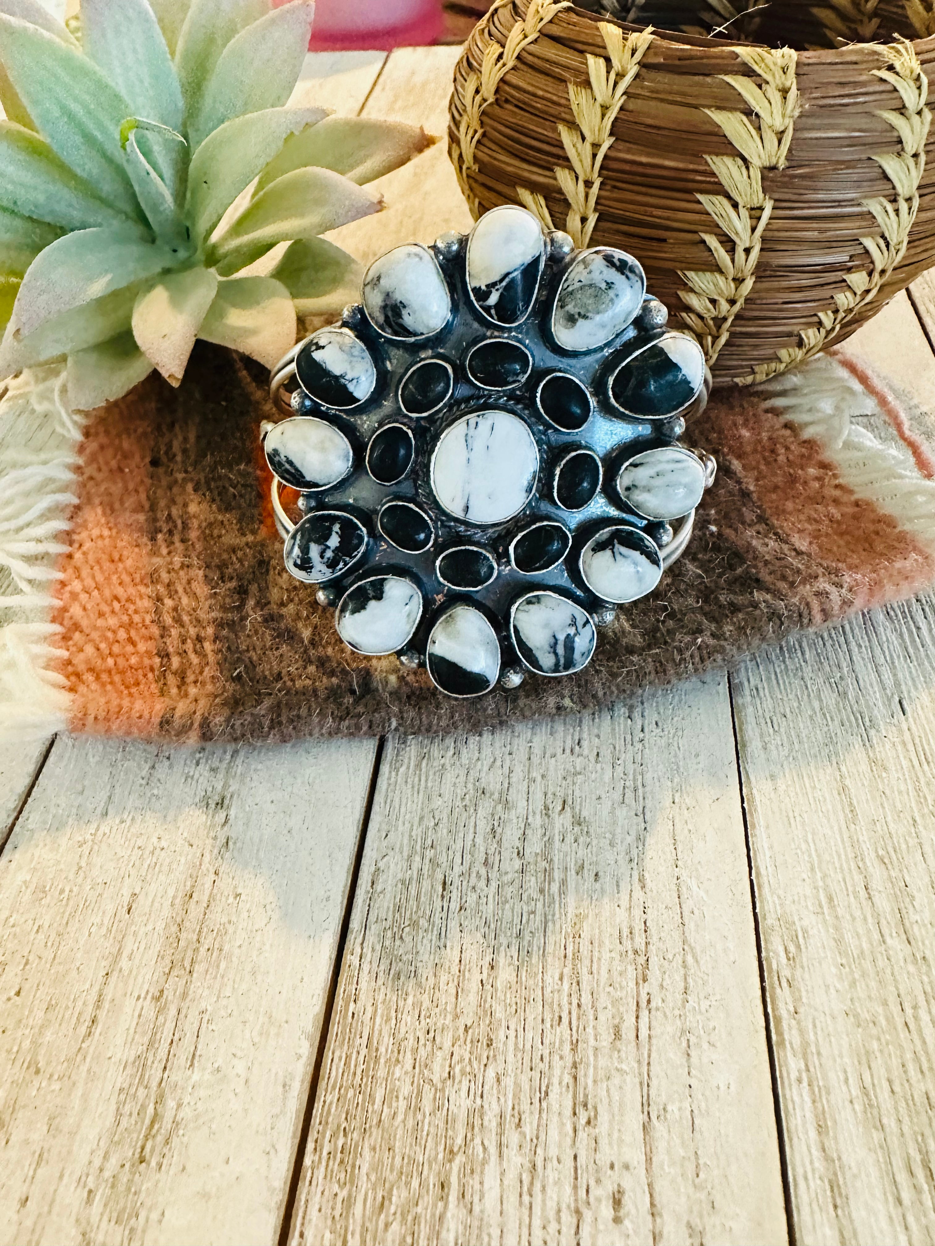 Navajo White Buffalo & Sterling Silver Cluster Cuff Bracelet