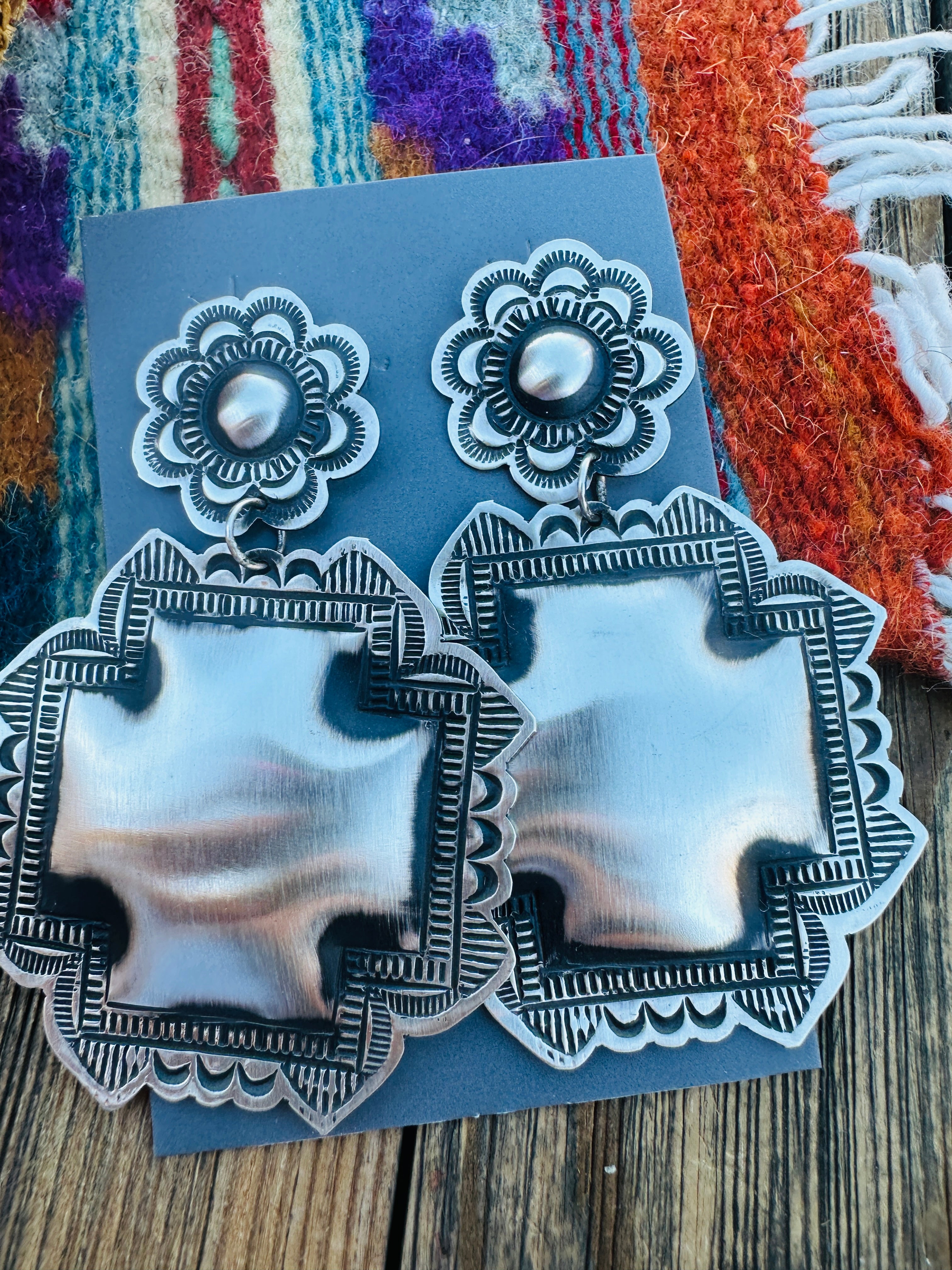 Handcrafted Sterling Silver Concho Cross Dangle Earrings by Leander Tahe