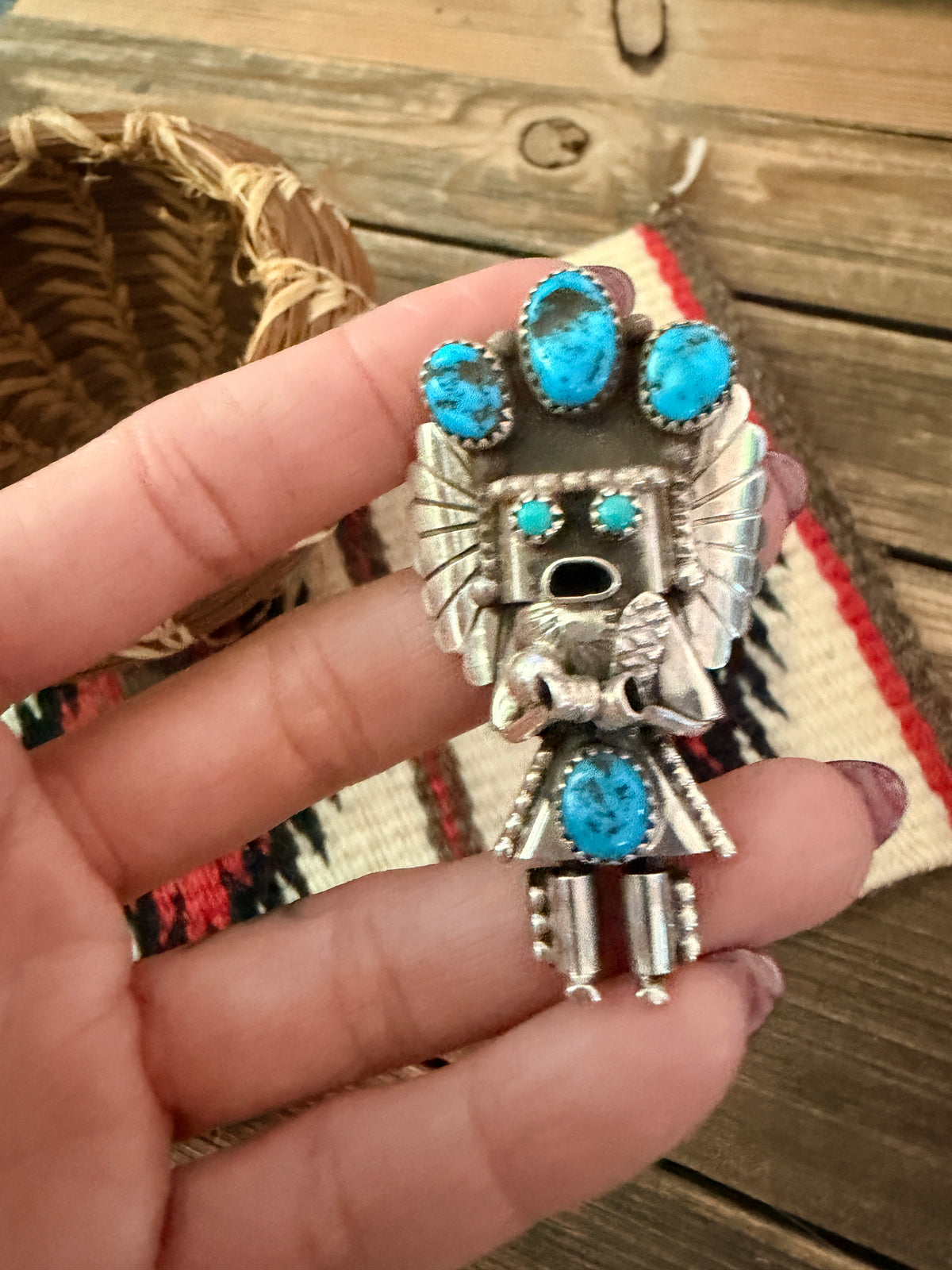 Handcrafted Sterling Silver & Turquoise Kachina Brooch by Ella Peter