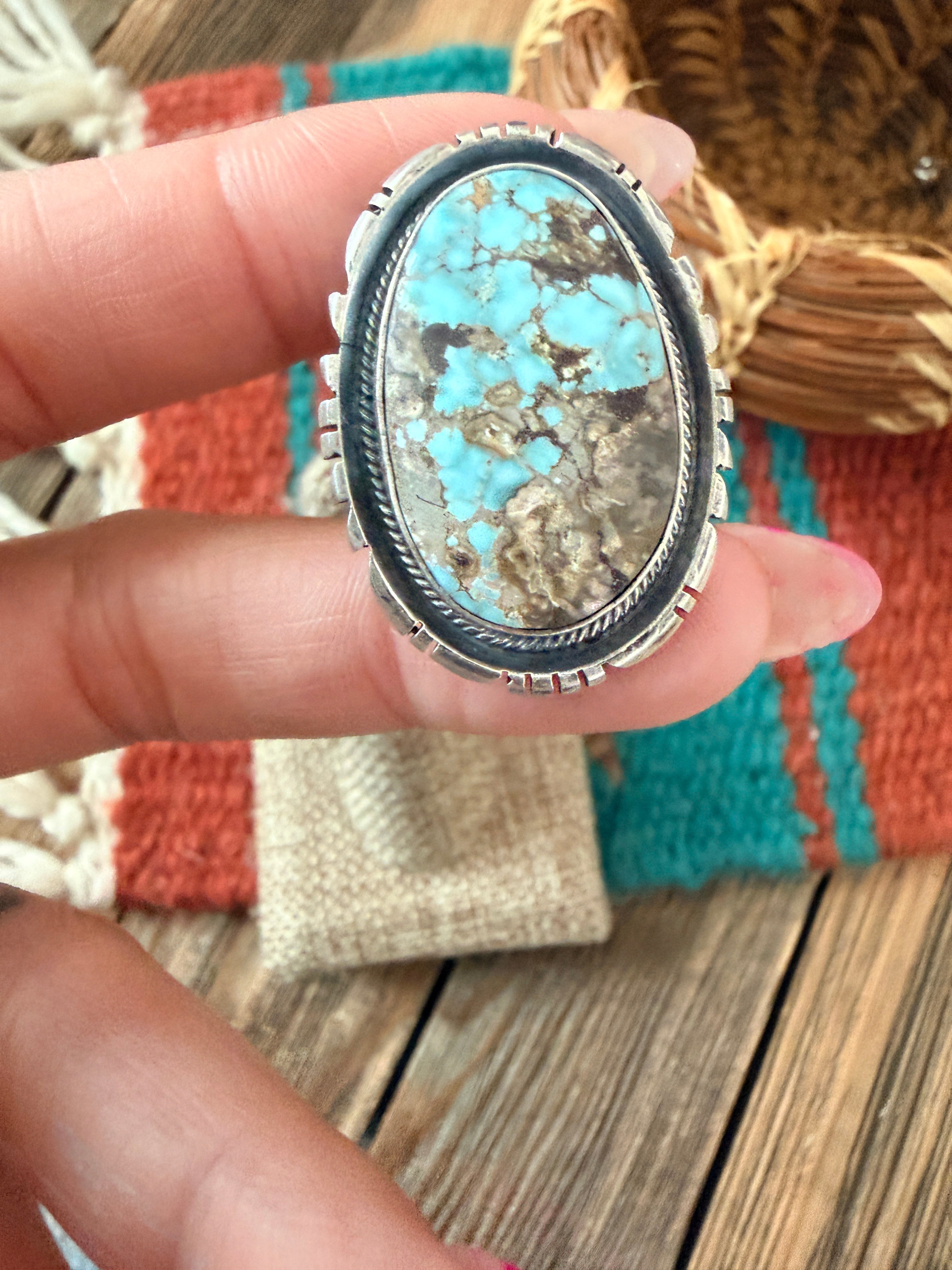 Handcrafted Dry Creek Turquoise & Sterling Silver Ring Size 8 by Daniel Benally